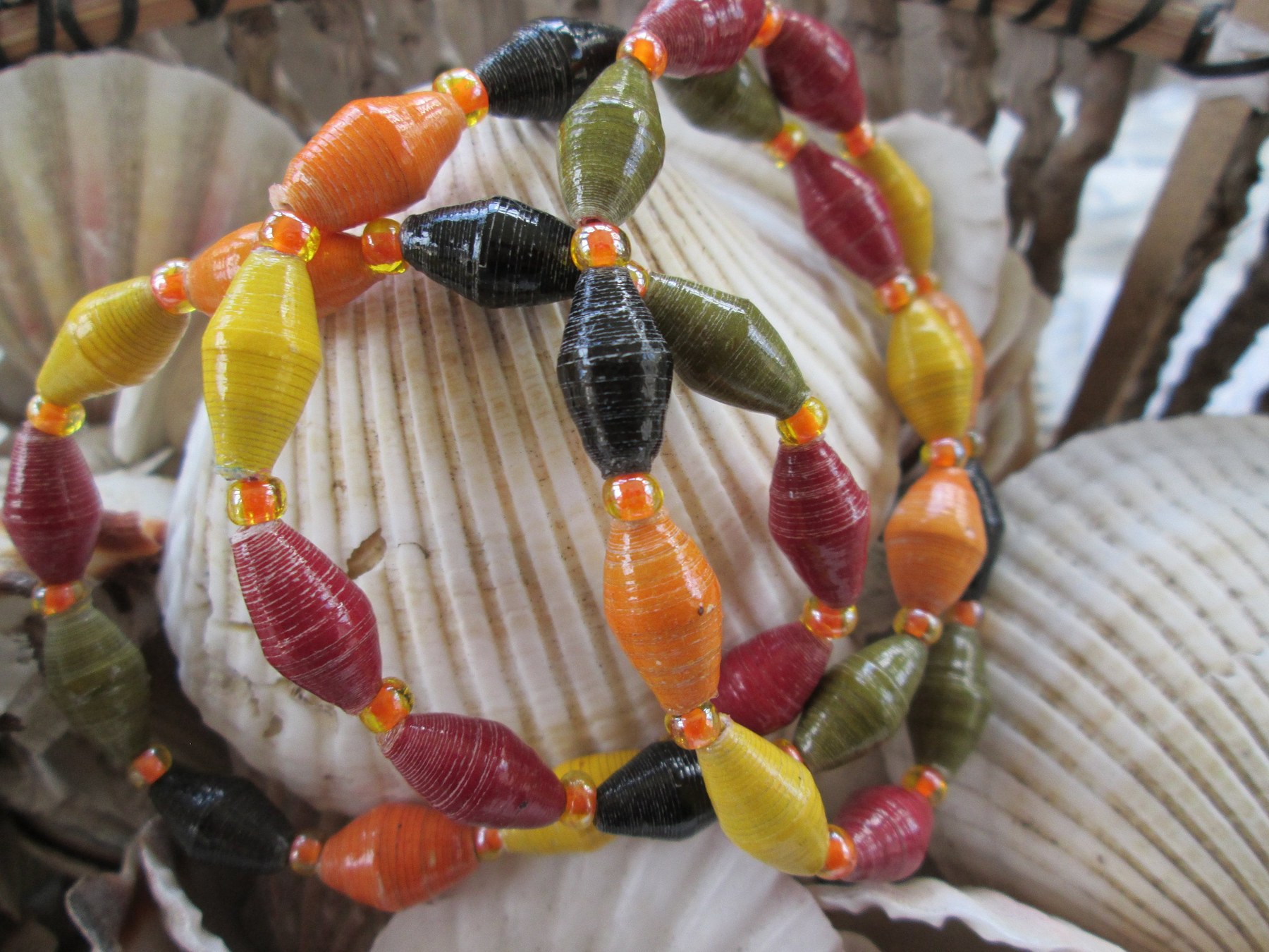 Bracelet trio, Outreach Uganda Autumn Splendor paper beaded bracelets, 175, detail 2