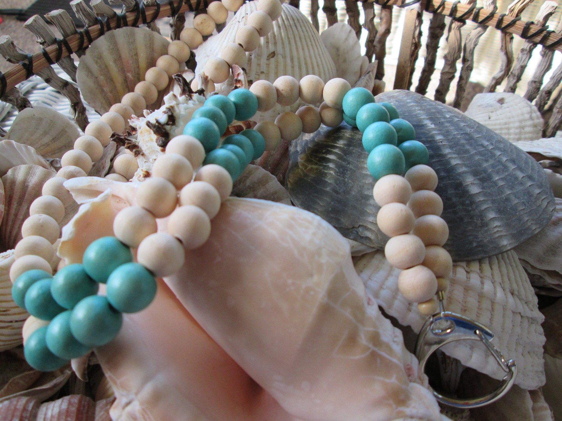 Beaded Lanyard: Wood and Turquoise Beads, C Clasp, 743