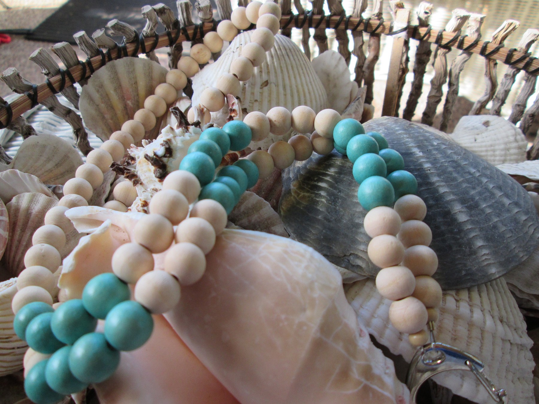 Beaded Lanyard: Wood and Turquoise Beads, C Clasp, 743, detail 2
