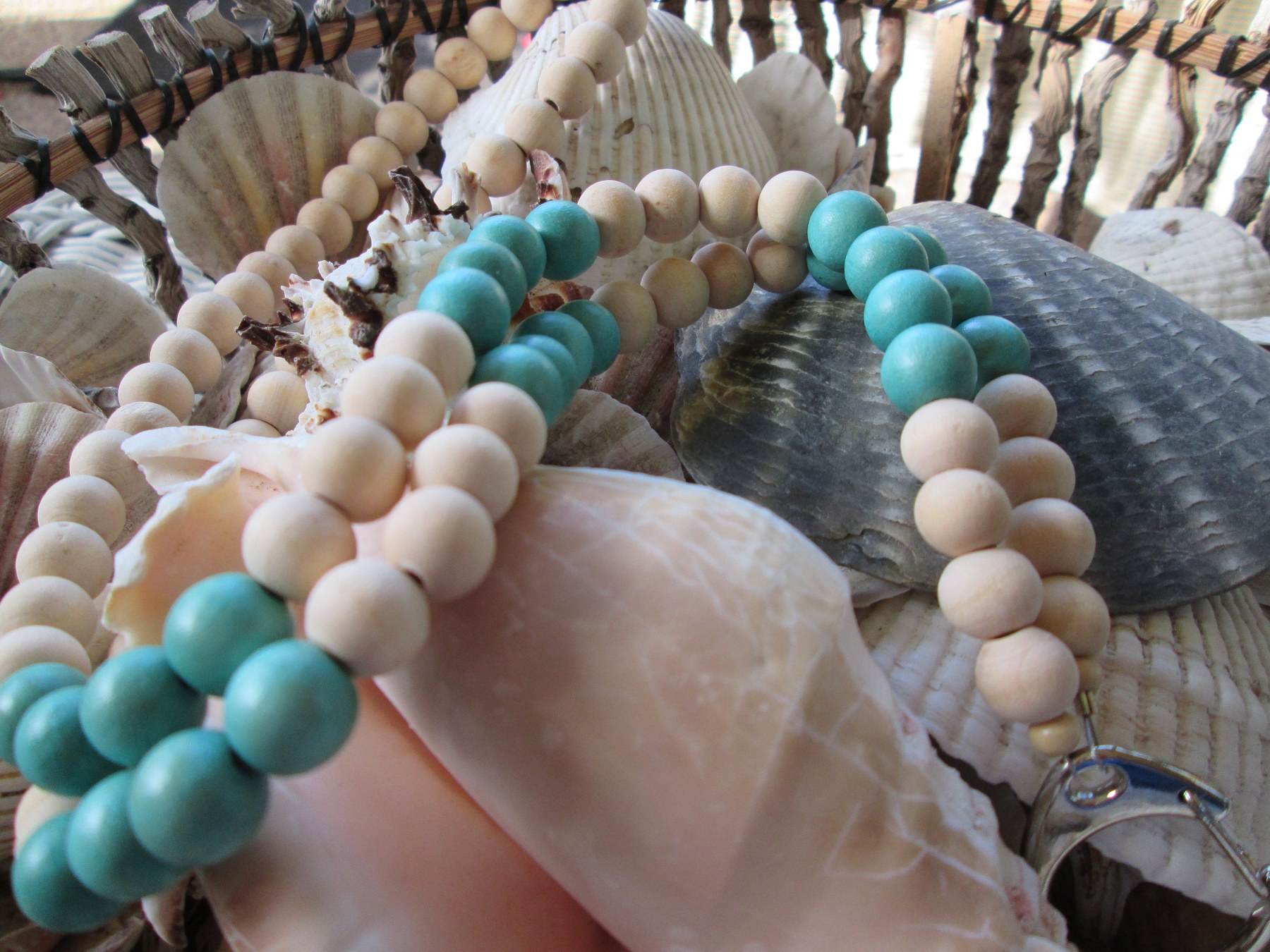 Beaded Lanyard: Wood and Turquoise Beads, C Clasp, 743, detail 3