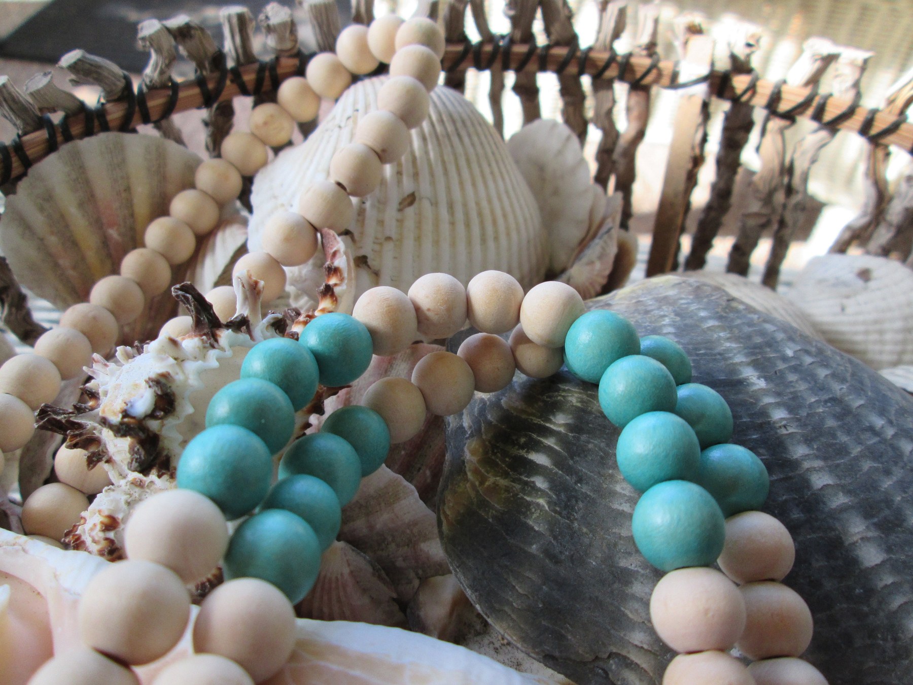 Beaded Lanyard: Wood and Turquoise Beads, C Clasp, 743, detail 4