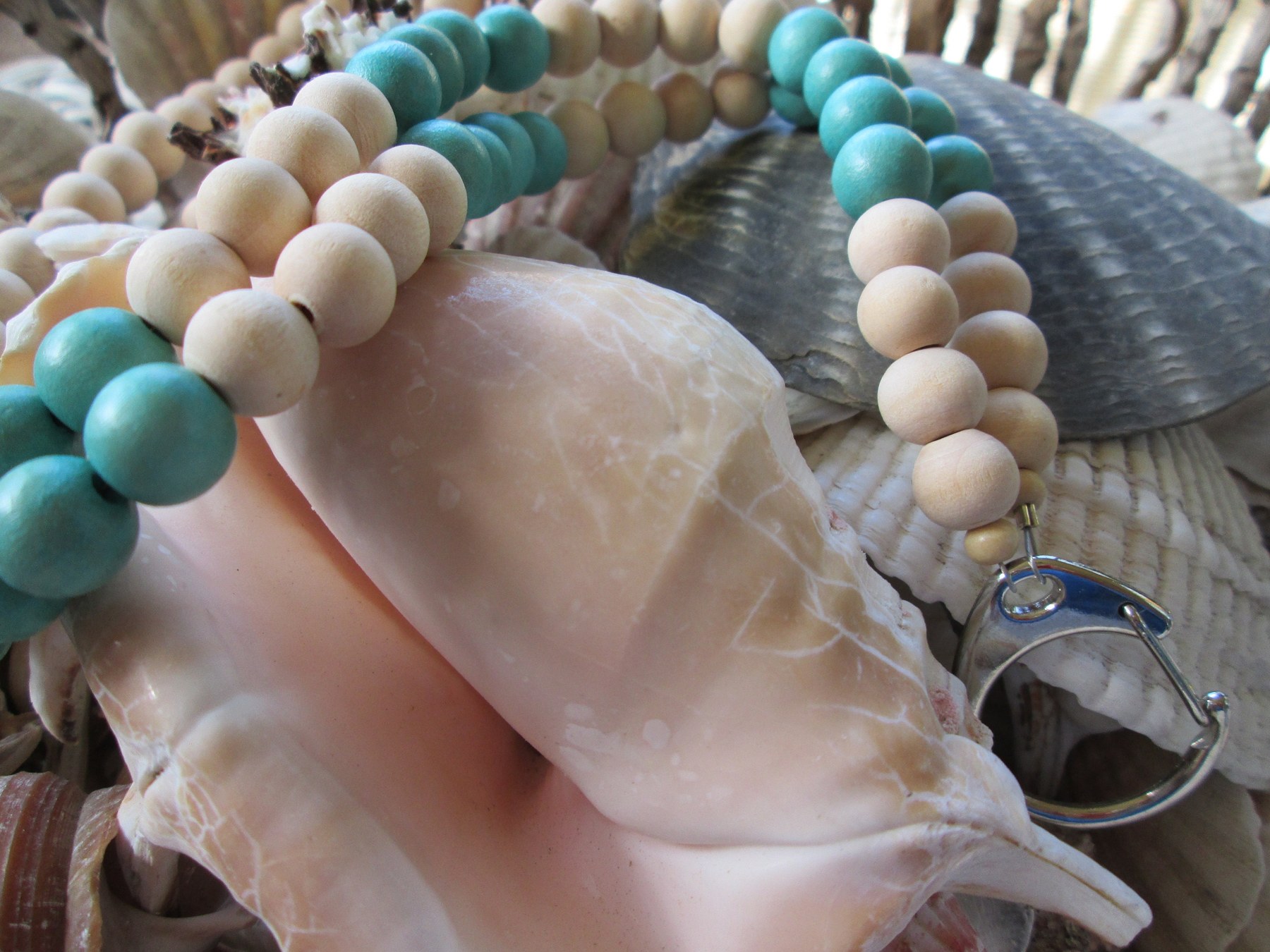 Beaded Lanyard: Wood and Turquoise Beads, C Clasp, 743, detail 5