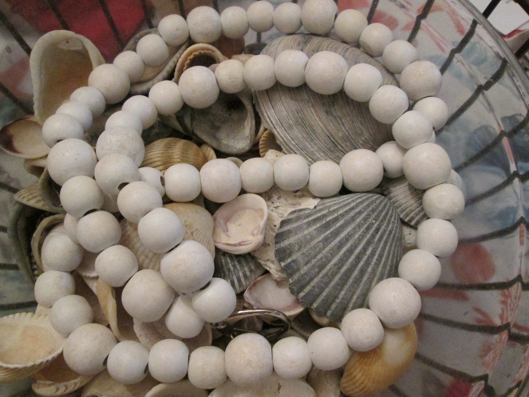 Lanyard, White round wood bead mix lanyard, 757