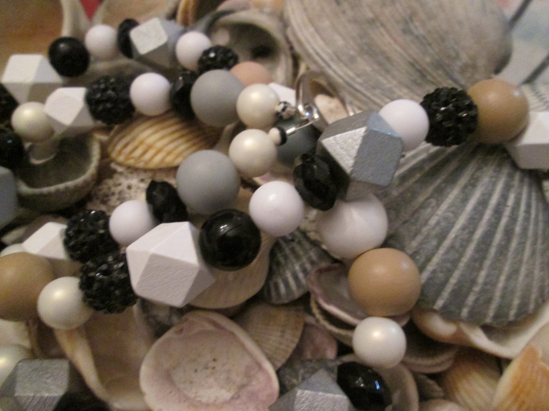 Wood Bead Lanyard: Black, White, and Silver Geometric Beads, Midnight Bead Mix, 756
