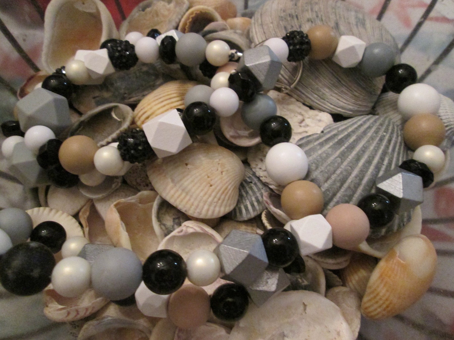 Wood Bead Lanyard: Black, White, and Silver Geometric Beads, Midnight Bead Mix, 756, detail 2