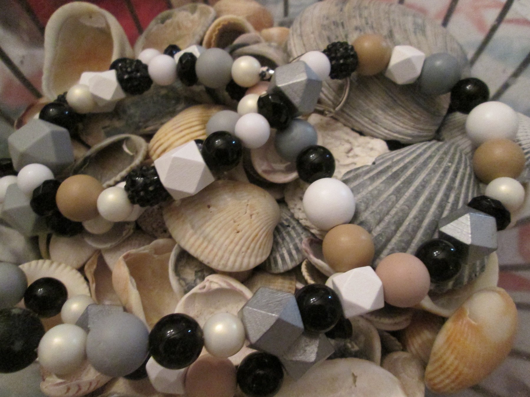Wood Bead Lanyard: Black, White, and Silver Geometric Beads, Midnight Bead Mix, 756, detail 3