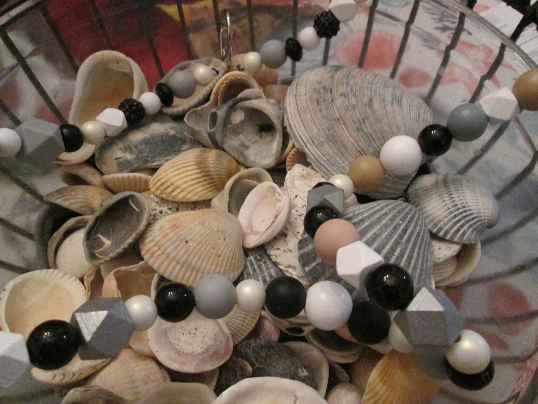 Wood Bead Lanyard: Black, White, and Silver Geometric Beads, Midnight Bead Mix, 756, detail 4