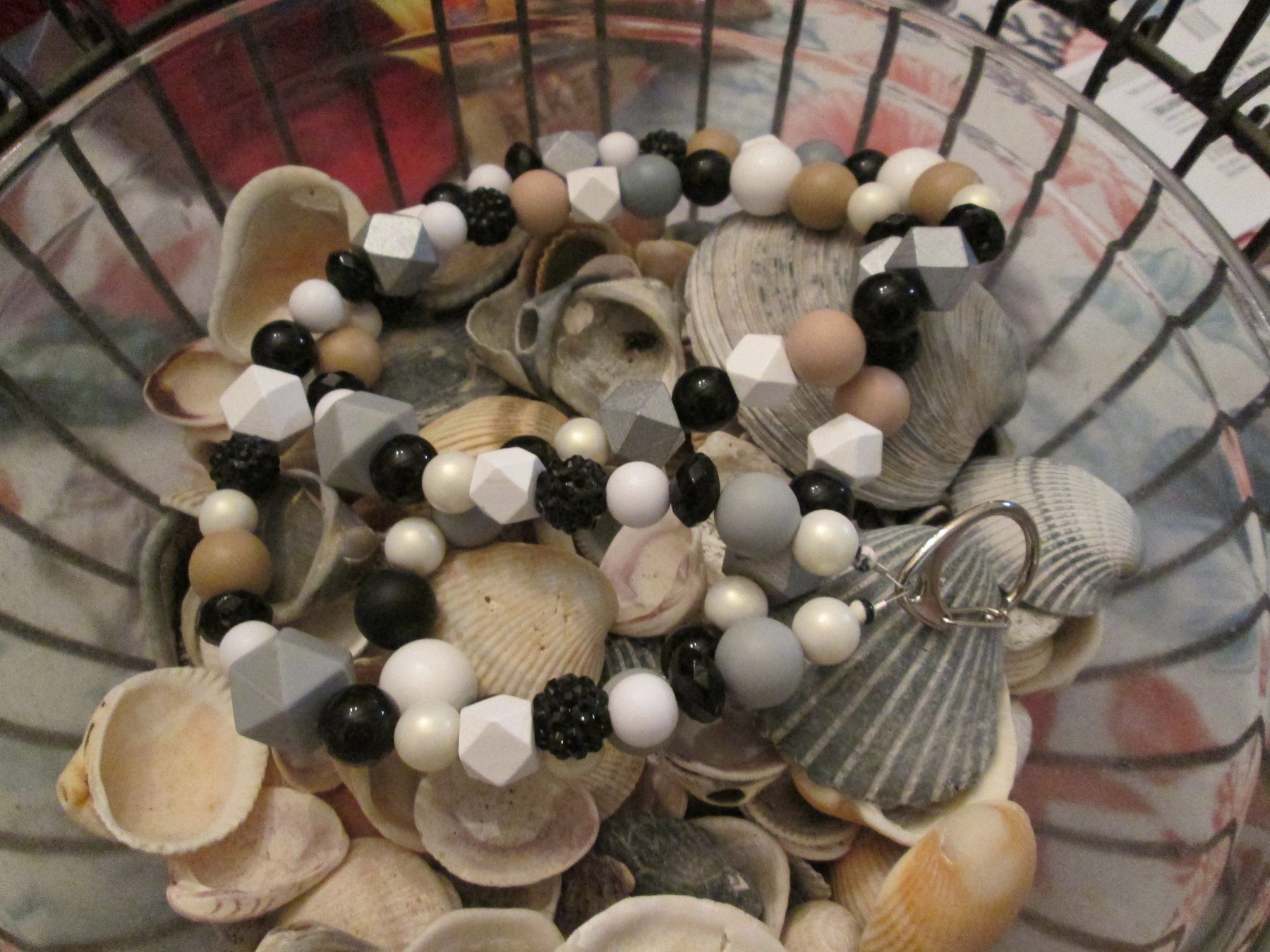 Wood Bead Lanyard: Black, White, and Silver Geometric Beads, Midnight Bead Mix, 756, detail 5