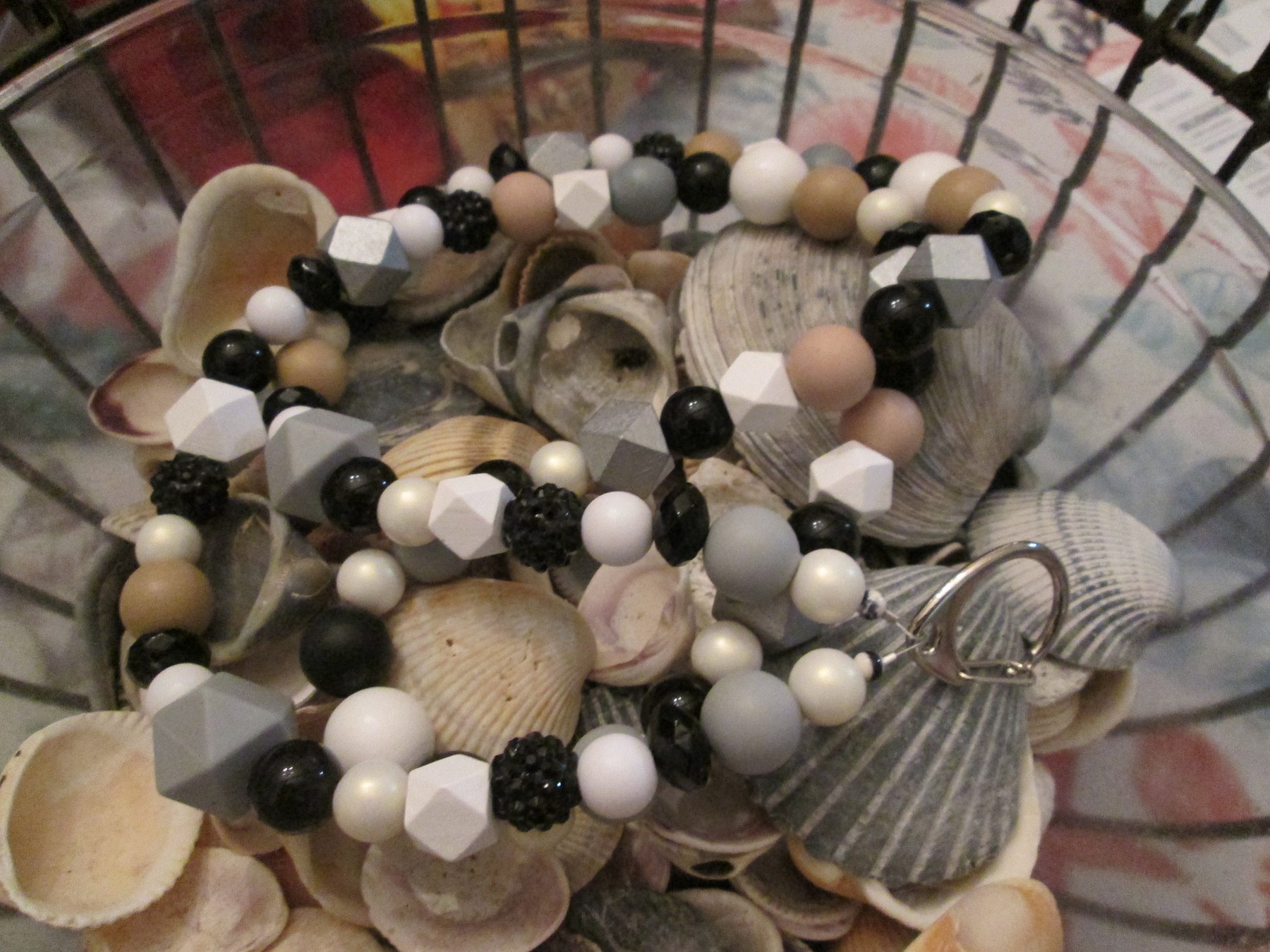 Wood Bead Lanyard: Black, White, and Silver Geometric Beads, Midnight Bead Mix, 756, detail 6