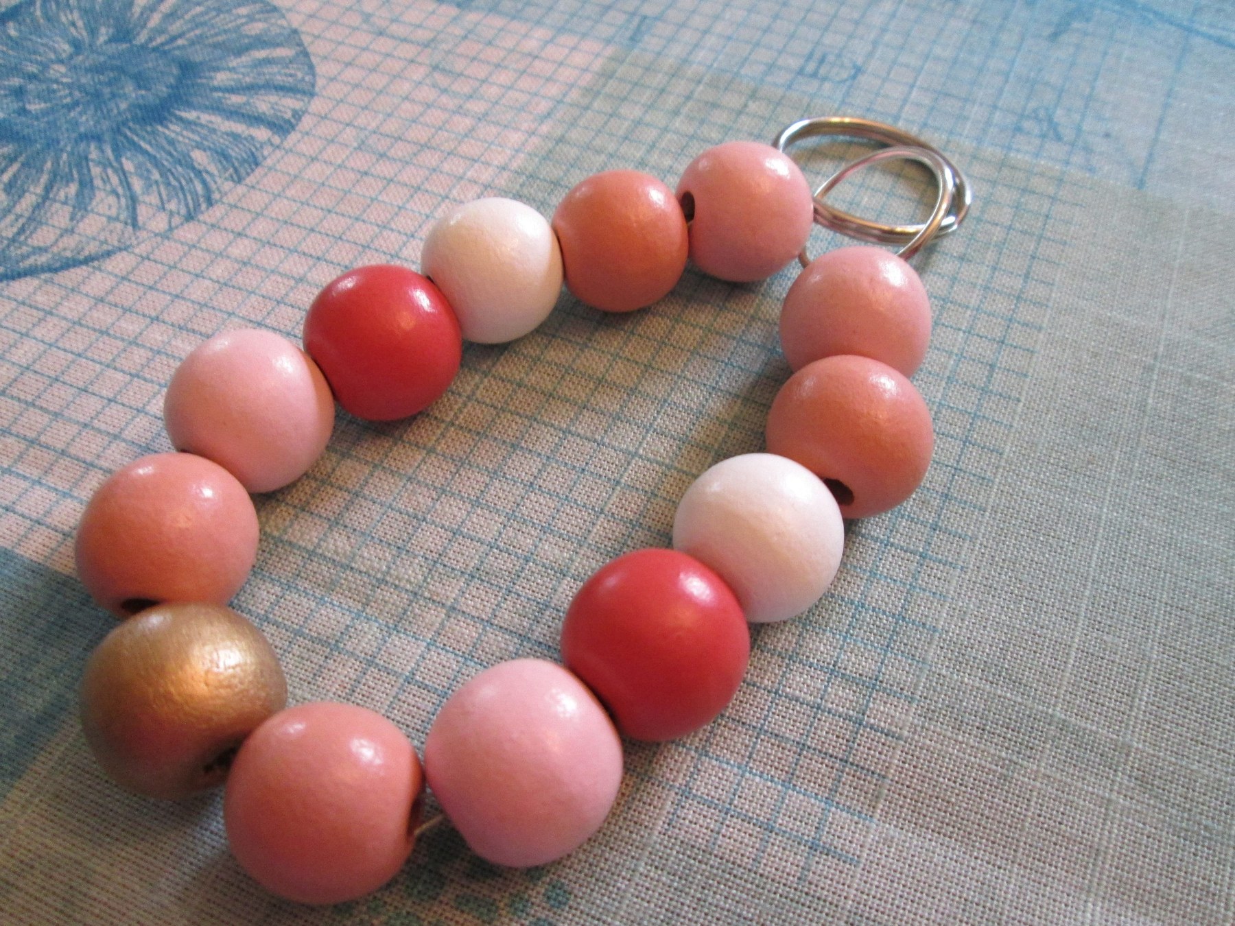 Pink Wood Bead Bracelet Lanyard: Wristlet Keychain, 1991
