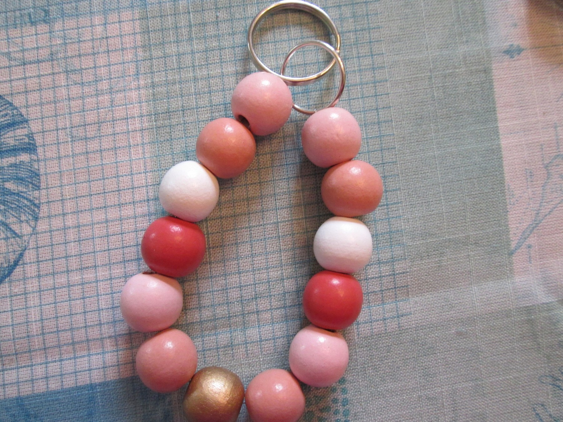 Pink Wood Bead Bracelet Lanyard: Wristlet Keychain, 1991, detail 4