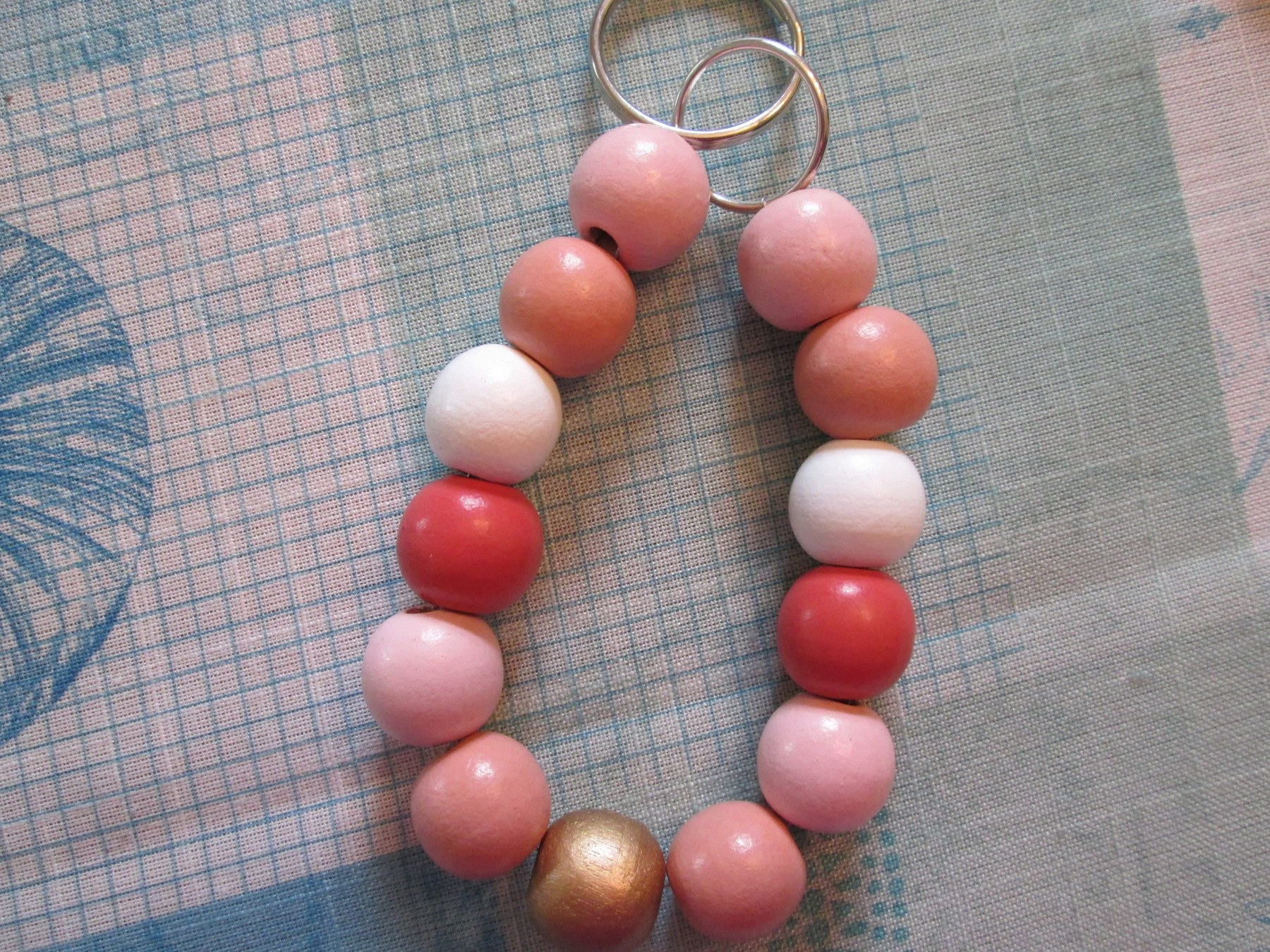 Pink Wood Bead Bracelet Lanyard: Wristlet Keychain, 1991, detail 5