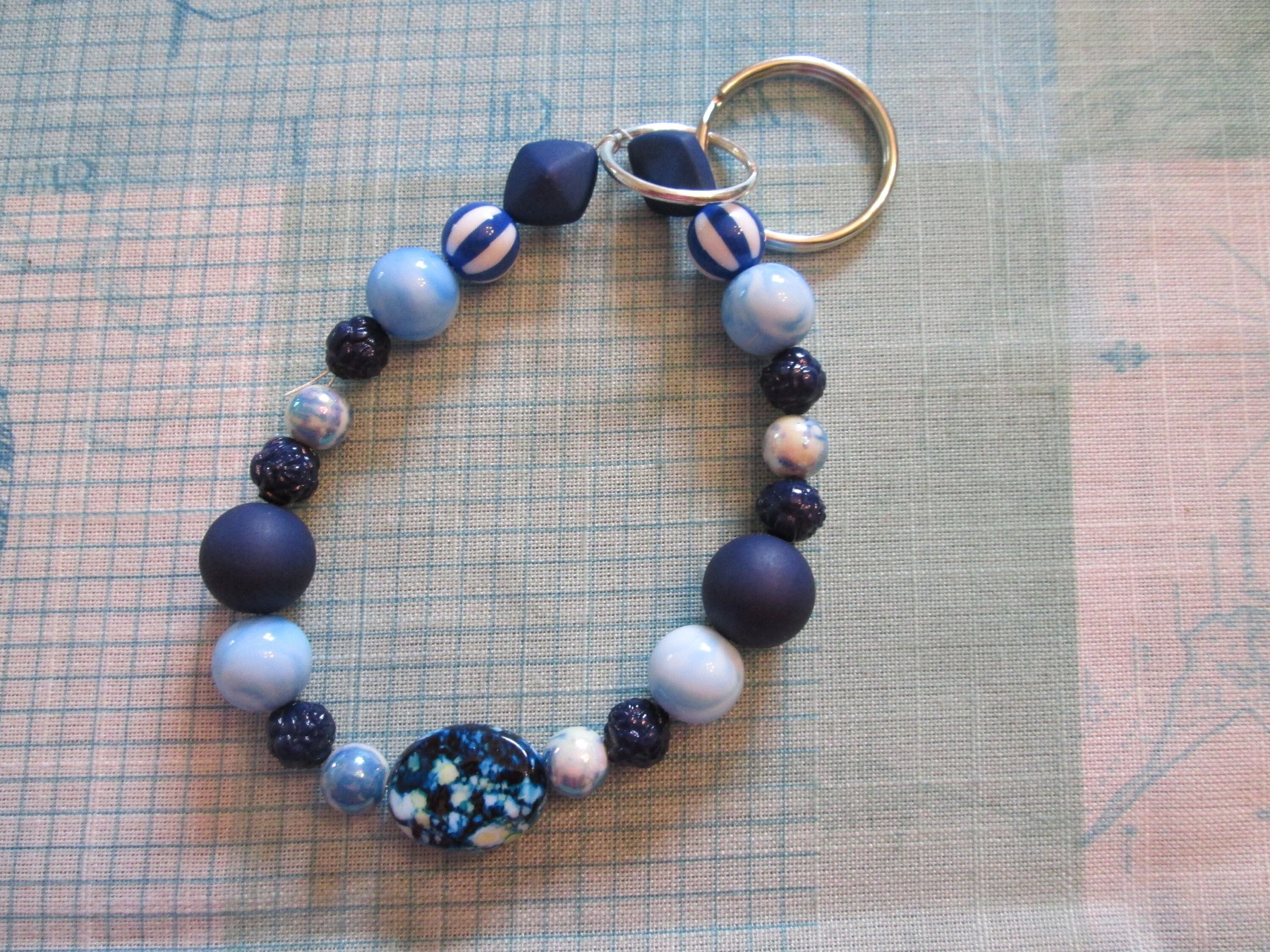 Lanyard bracelet, Blue Stripe Bead Mix wristlet, 1992