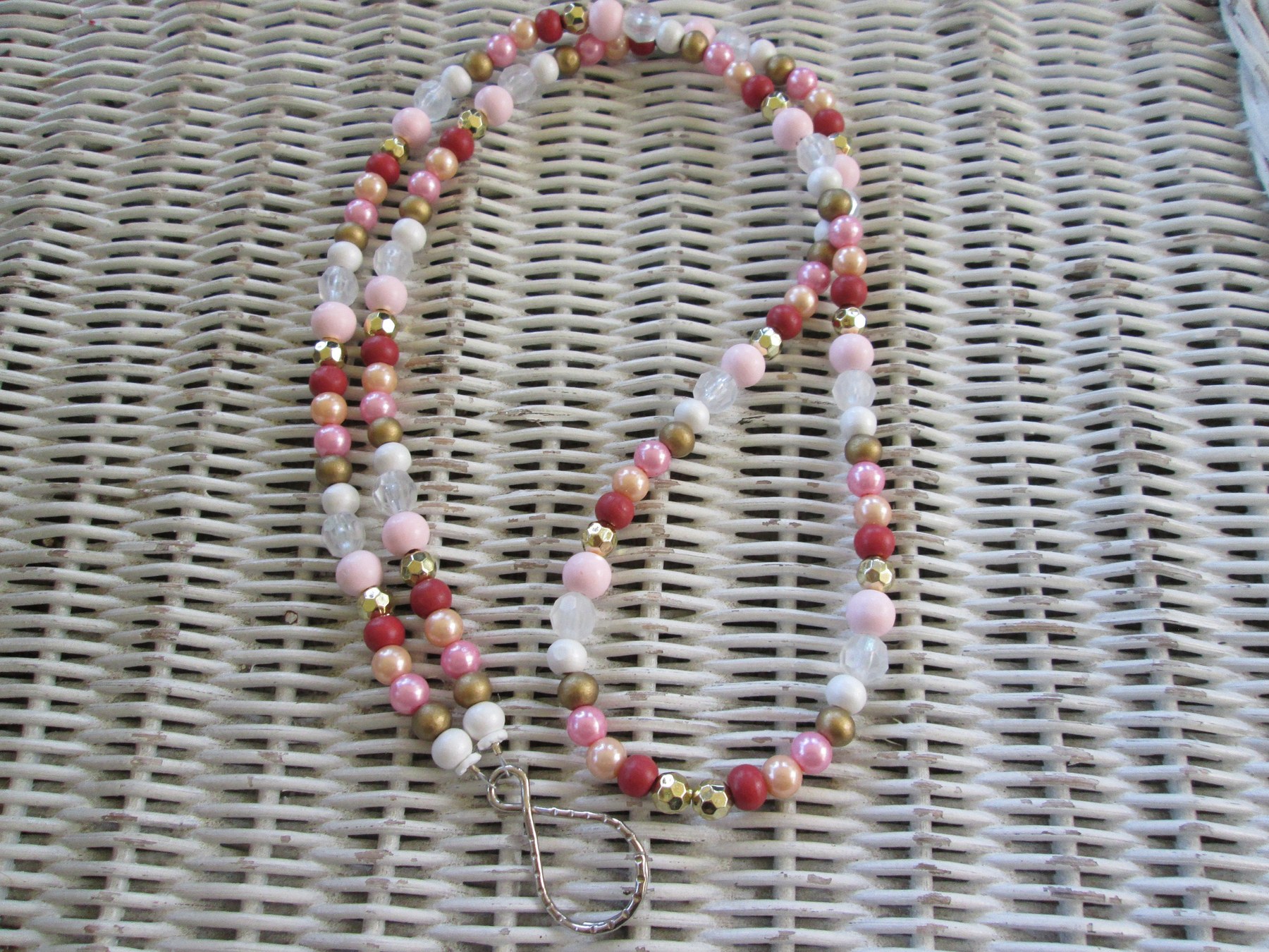 Lanyard, Pink wood acrylic metal bead mix lanyard, 989