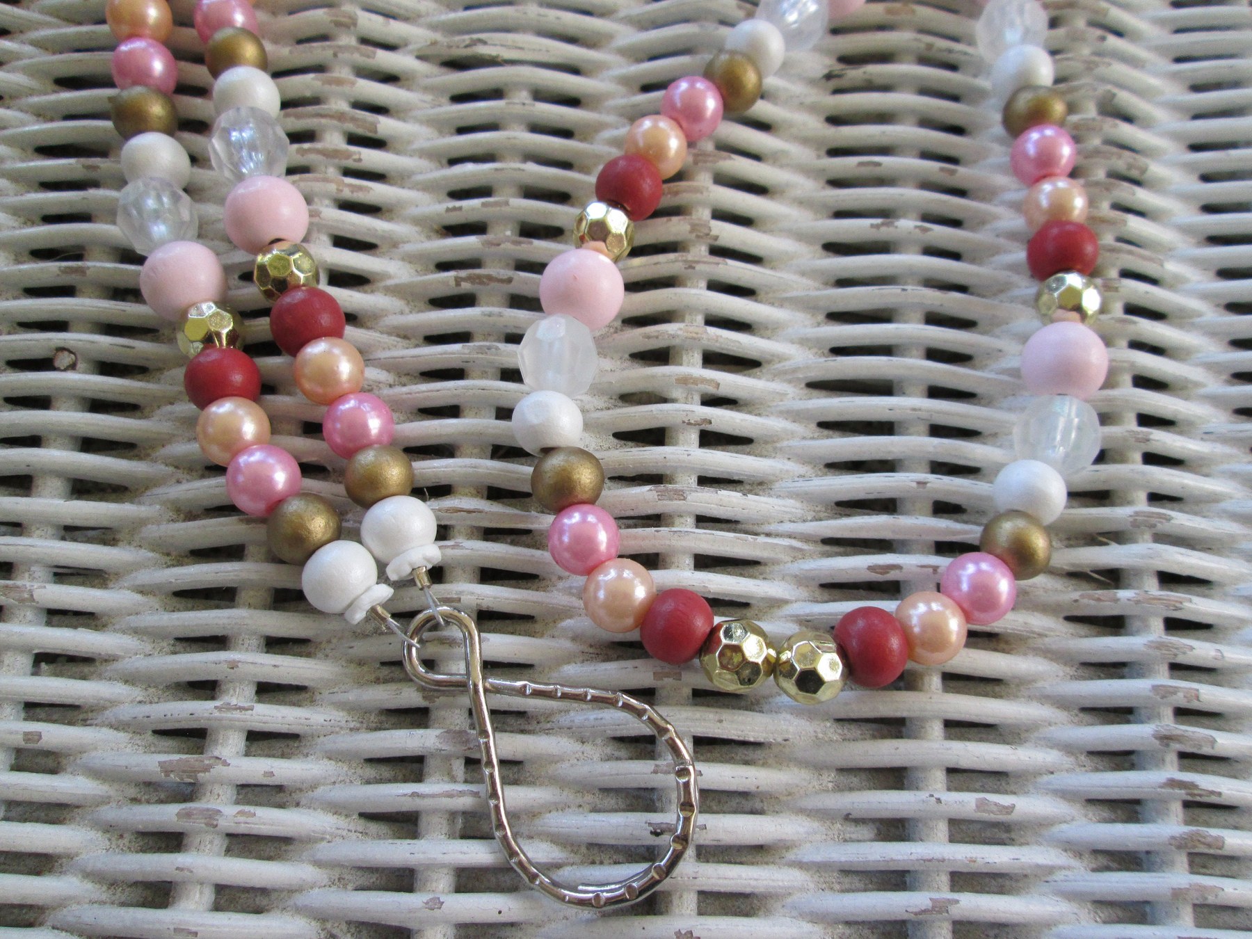 Lanyard, Pink wood acrylic metal bead mix lanyard, 989, detail 2