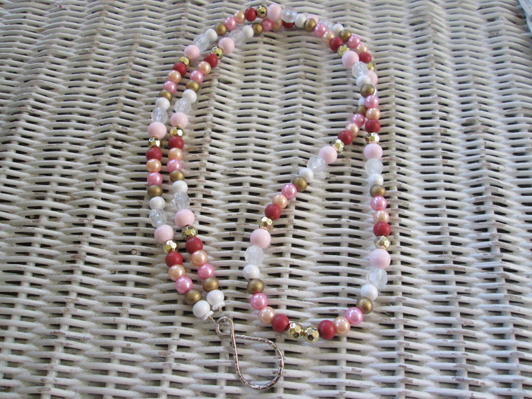 Lanyard, Pink wood acrylic metal bead mix lanyard, 989, detail 4