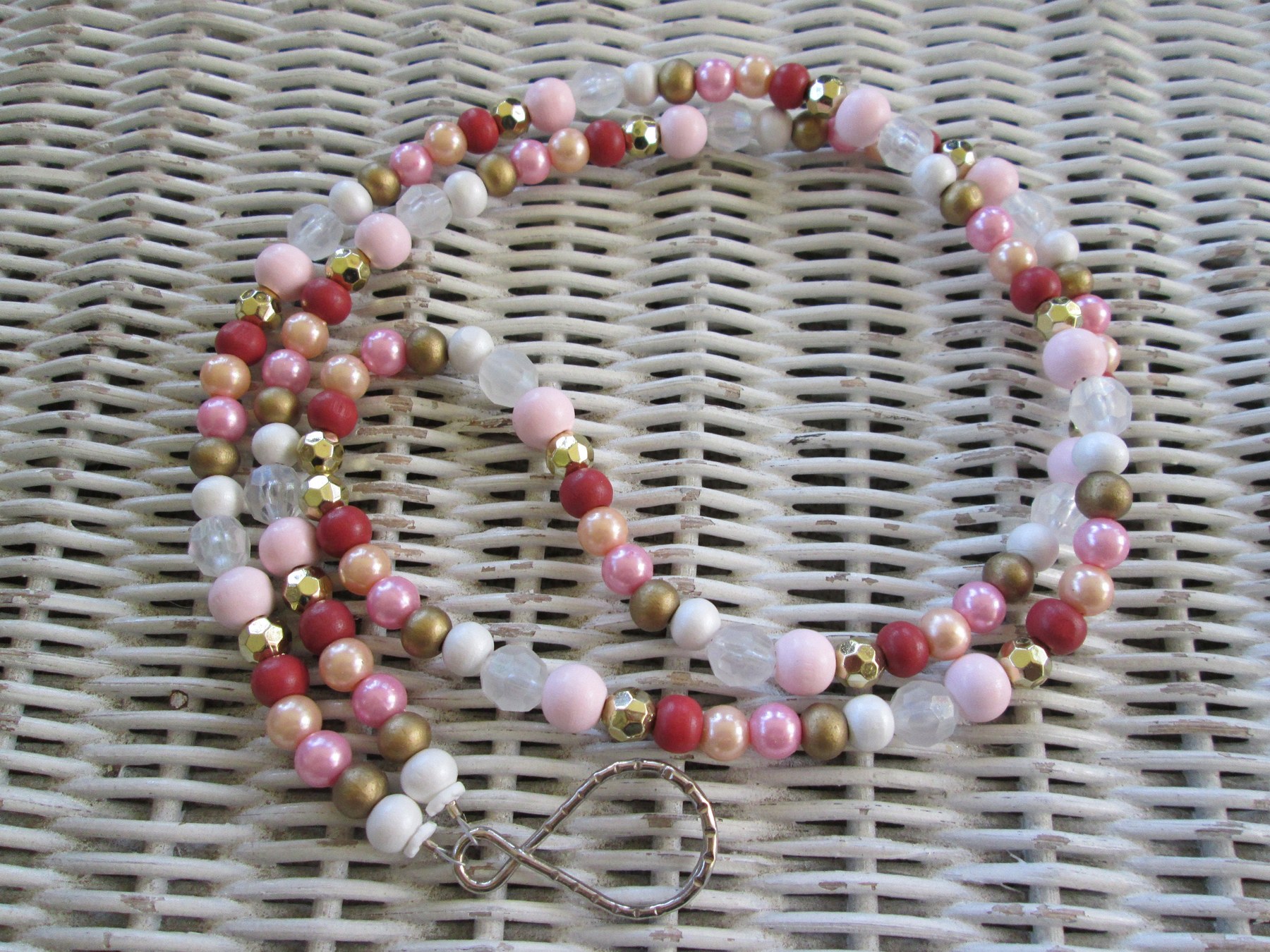 Lanyard, Pink wood acrylic metal bead mix lanyard, 989, detail 5