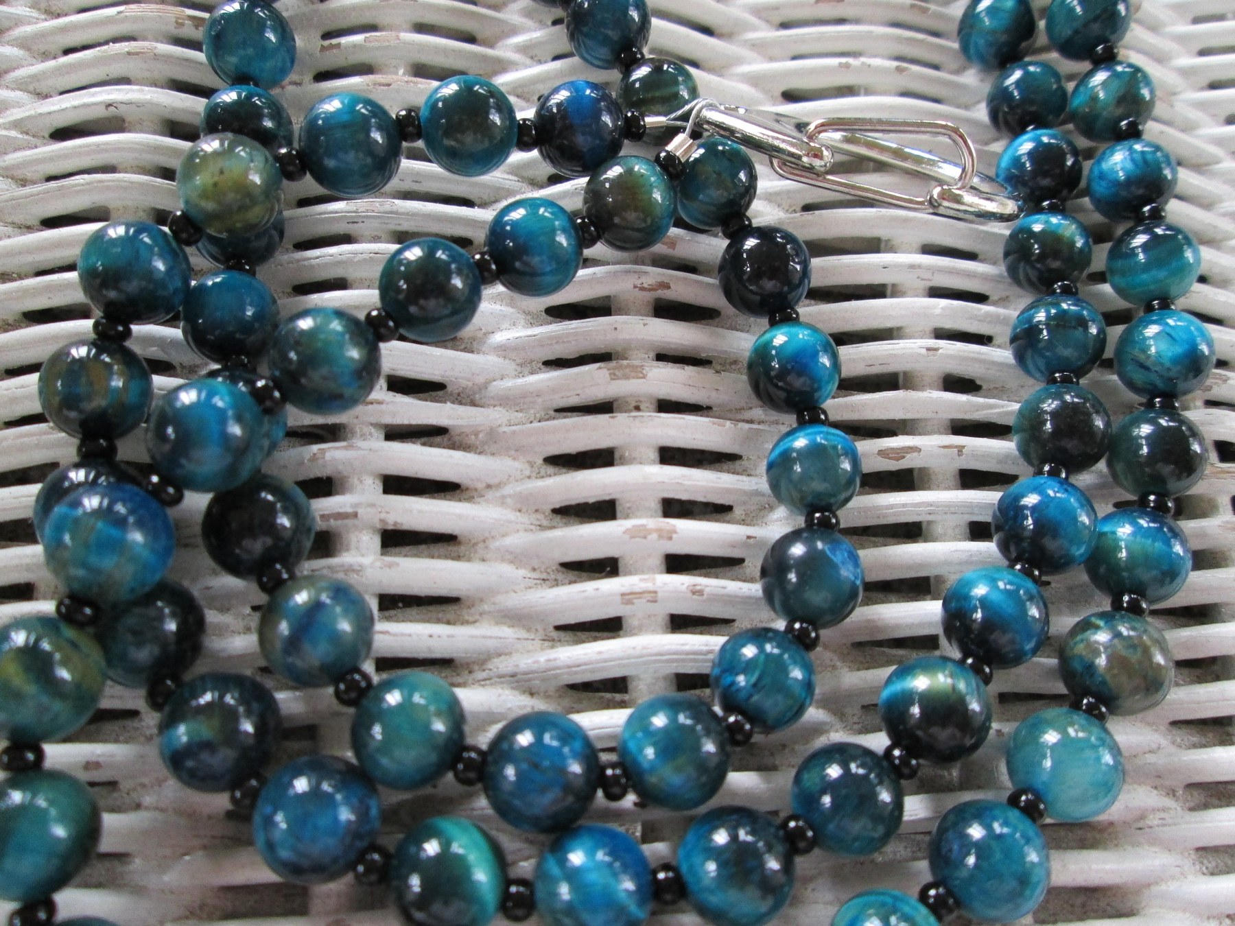 Blue Tiger Eye Beaded Lanyard 8mm, Natural Gemstone ID Badge Holder, Eyeglass Chain, Teacher Nurse Gift, Handmade