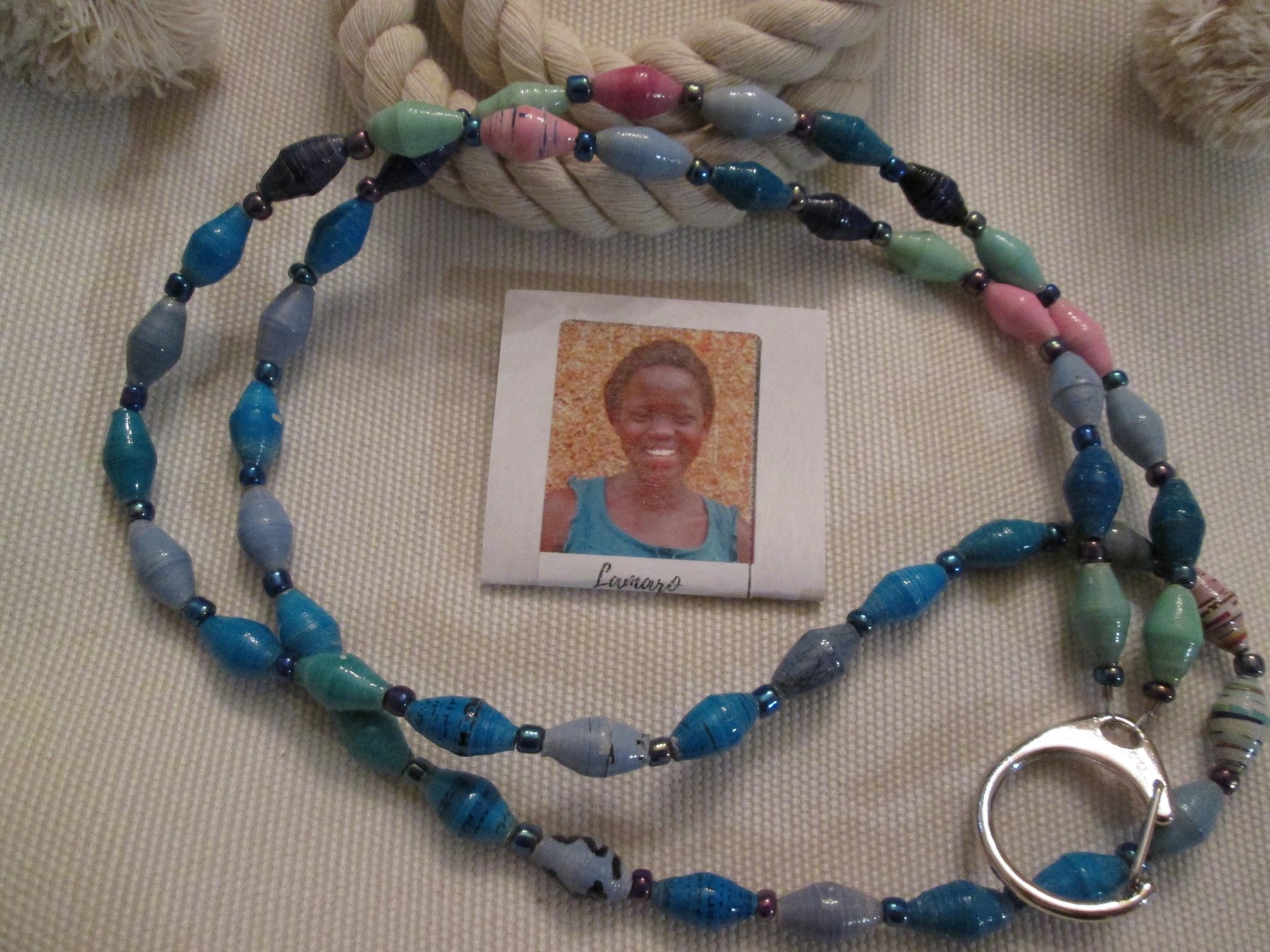 Lanyard, Outreach Uganda Oceanic Paper Beaded Lanyard, 977, detail 5