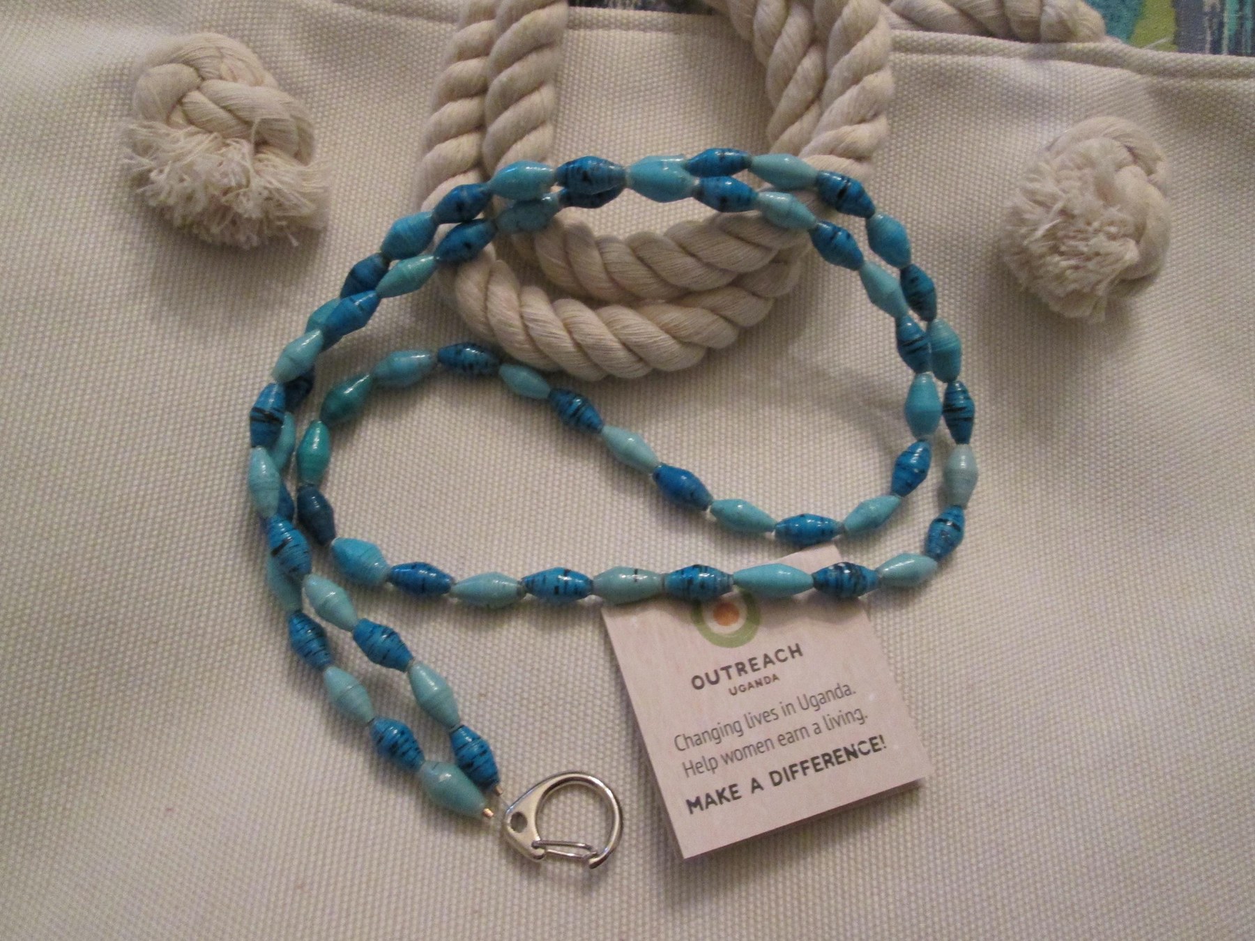 Lanyard, Outreach Uganda Aqua paper beaded handmade lanyard, 933.