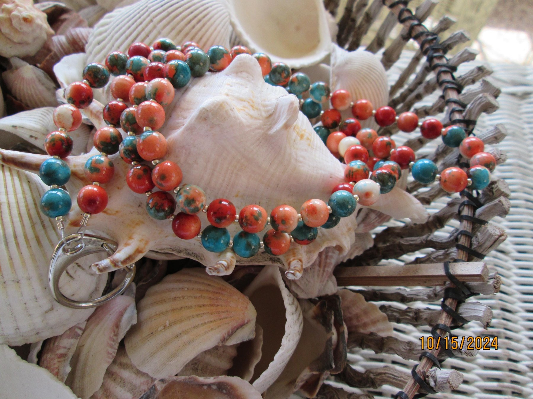 Ocean Jade Beaded Lanyard, Orange Blue Gemstone ID Badge Holder Necklace, Eyeglass Chain, Teacher Nurse Gift, Handmade