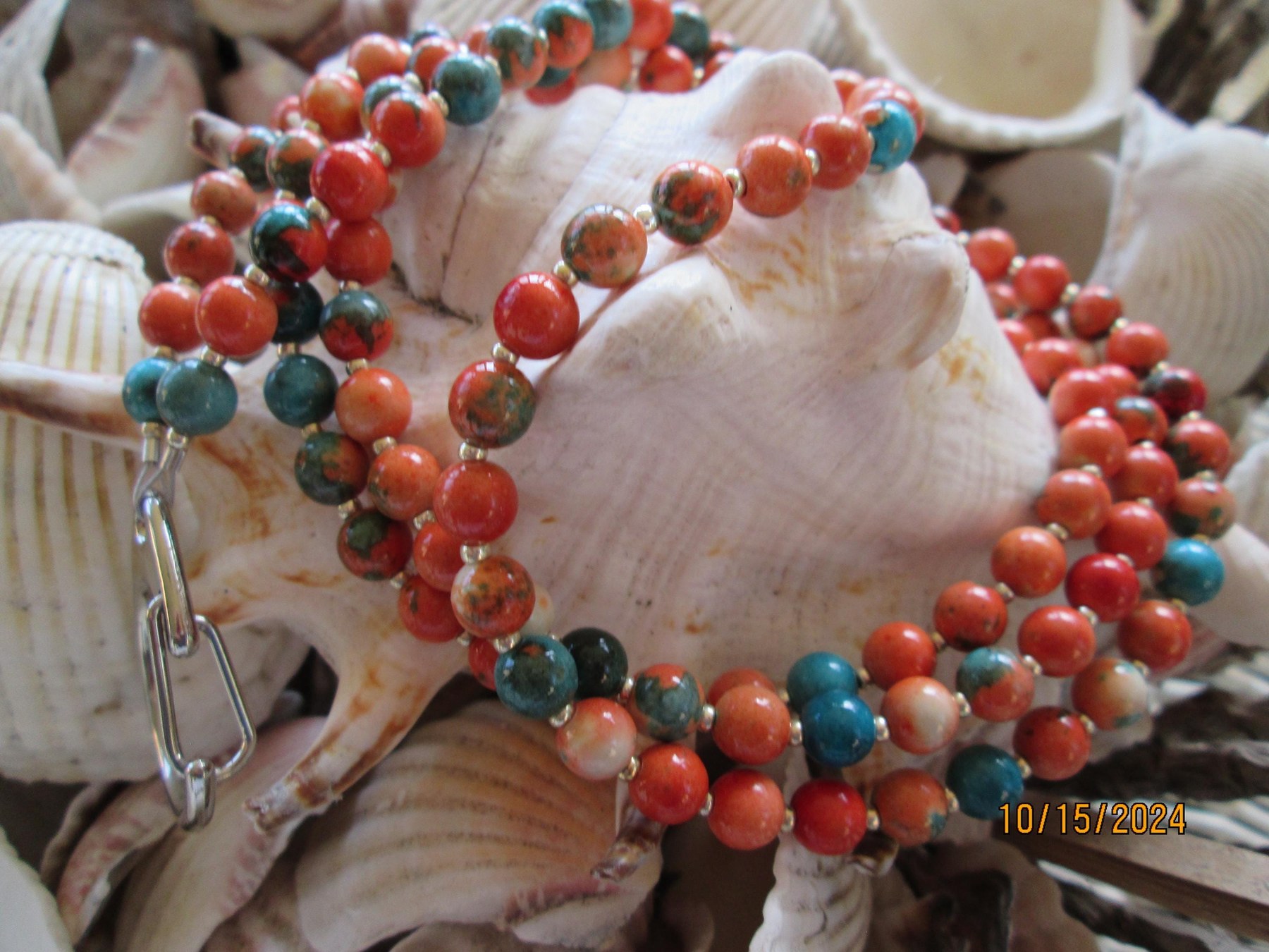 Lanyard, Ocean Jade 6mm orange and blue beaded lanyard, 766