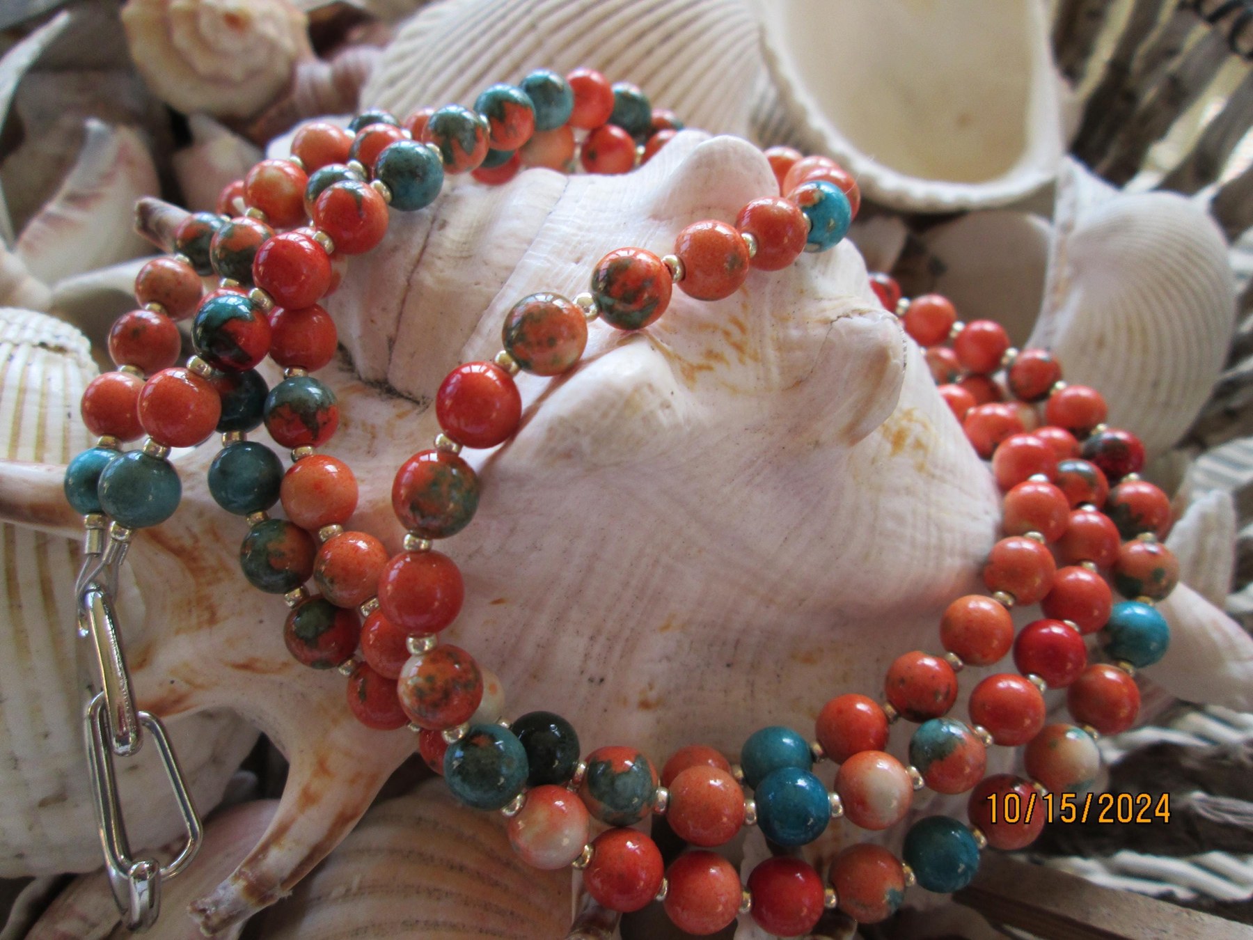 Lanyard, Ocean Jade 6mm orange and blue beaded lanyard, 766, detail 2
