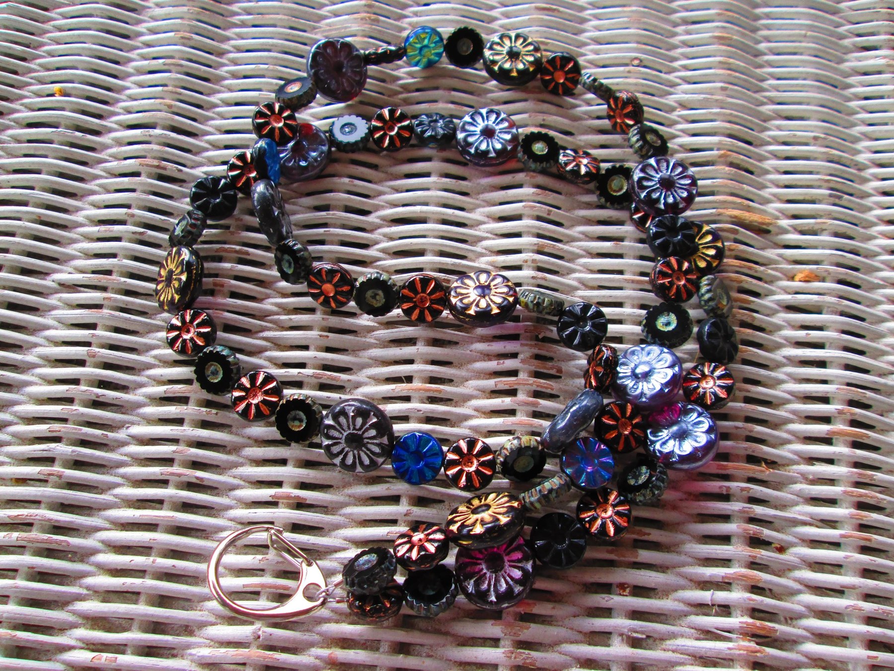 Czech Glass Beaded Lanyard, Black Flower Bead Strand, ID Badge Holder Necklace, Eyeglass Chain, Teacher Nurse Gift