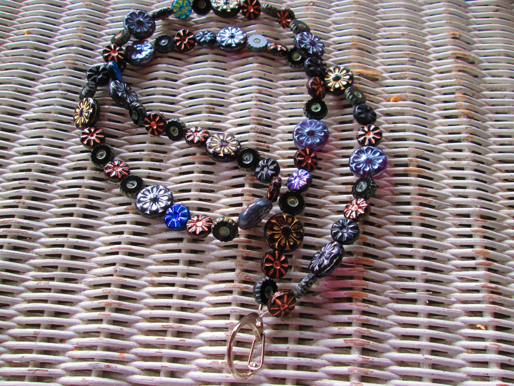 Czech Glass Beaded Lanyard, Black Flower Bead Strand, ID Badge Holder Necklace, Eyeglass Chain, Teacher Nurse Gift, detail 3
