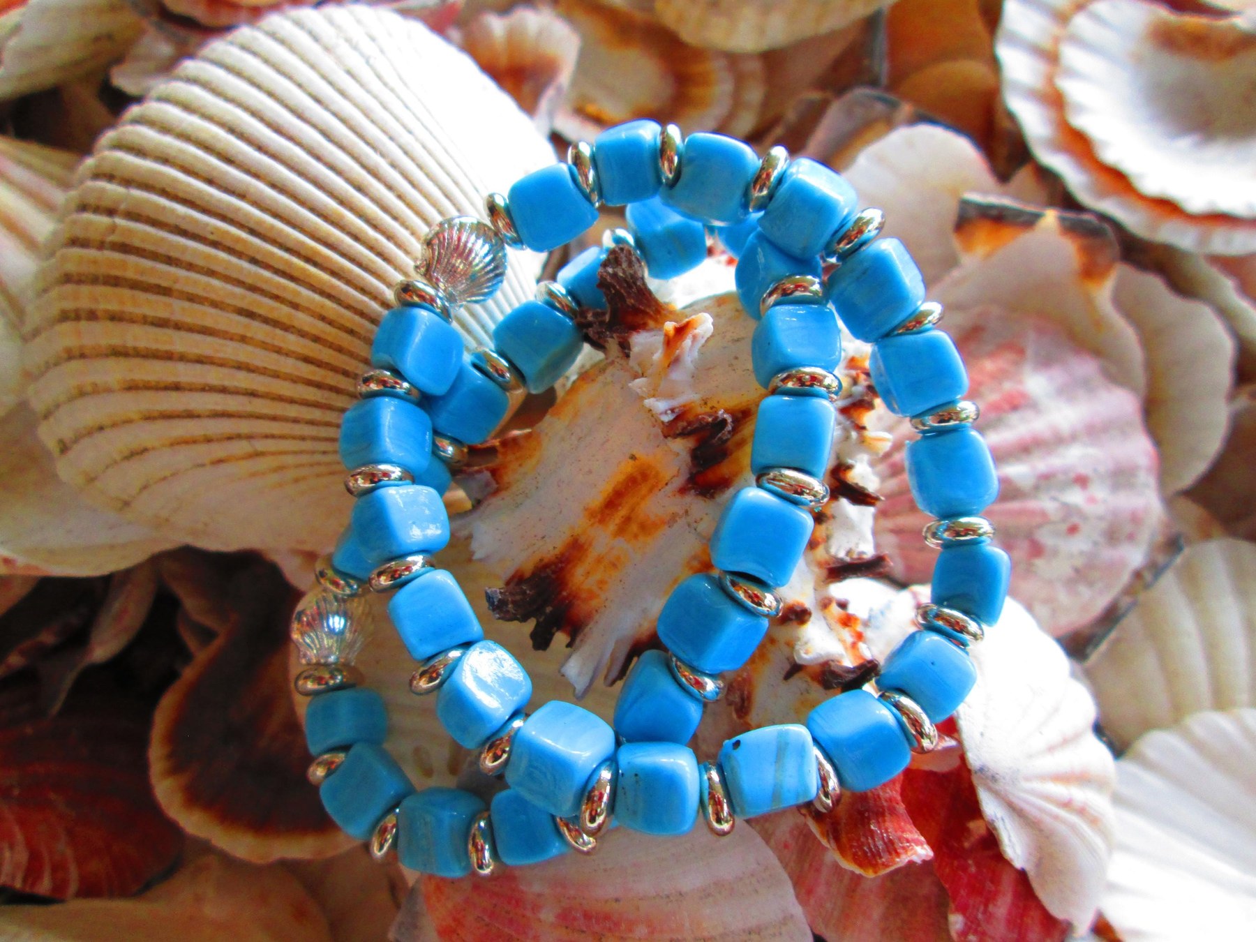 Turkish Artisan Cube Glass Bracelet, Handmade Beaded Stretch Bracelet with Silver Spacers, Buy One Get One Free, detail 2