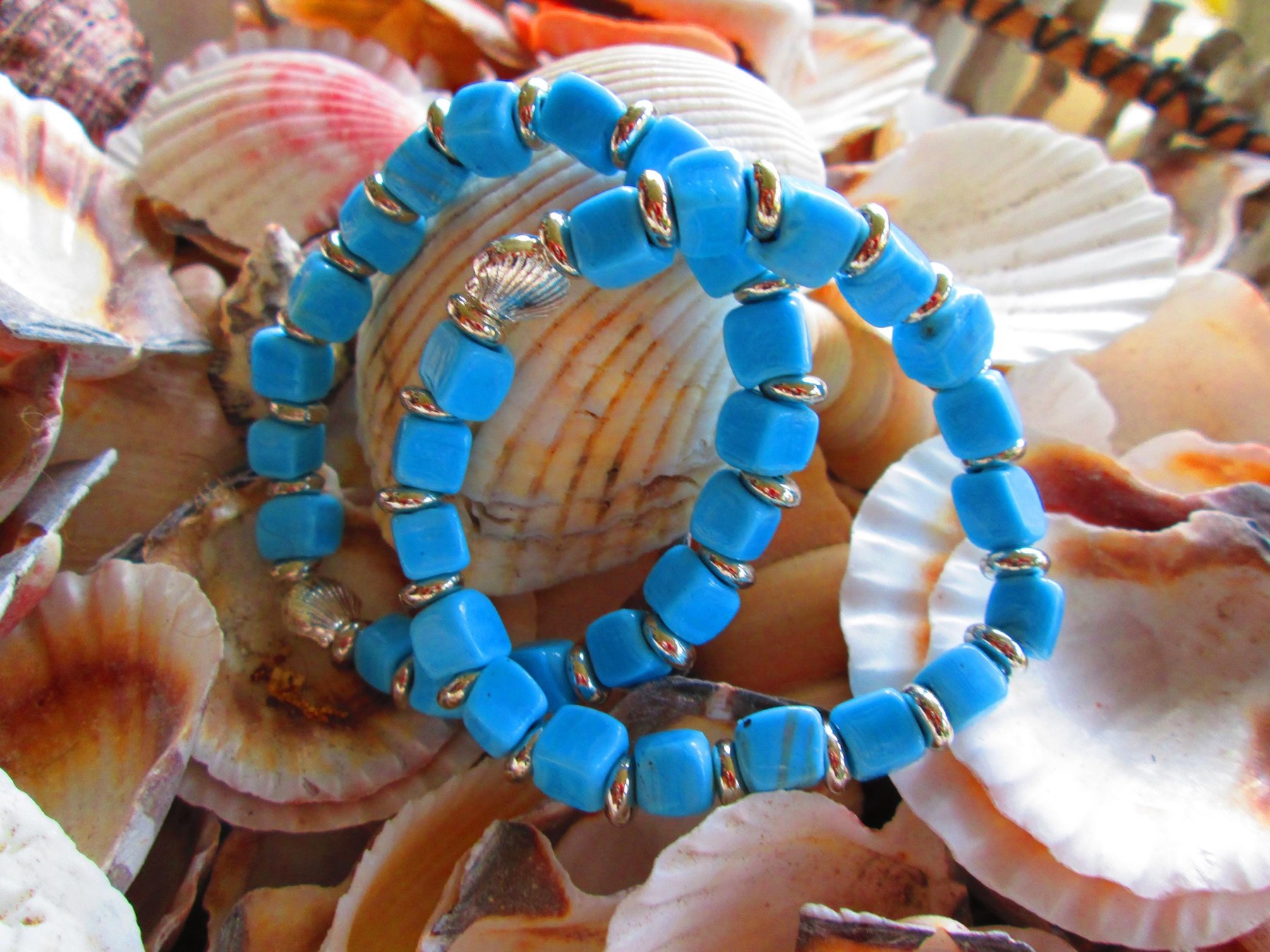Turkish Artisan Cube Glass Bracelet, Handmade Beaded Stretch Bracelet with Silver Spacers, Buy One Get One Free, detail 3