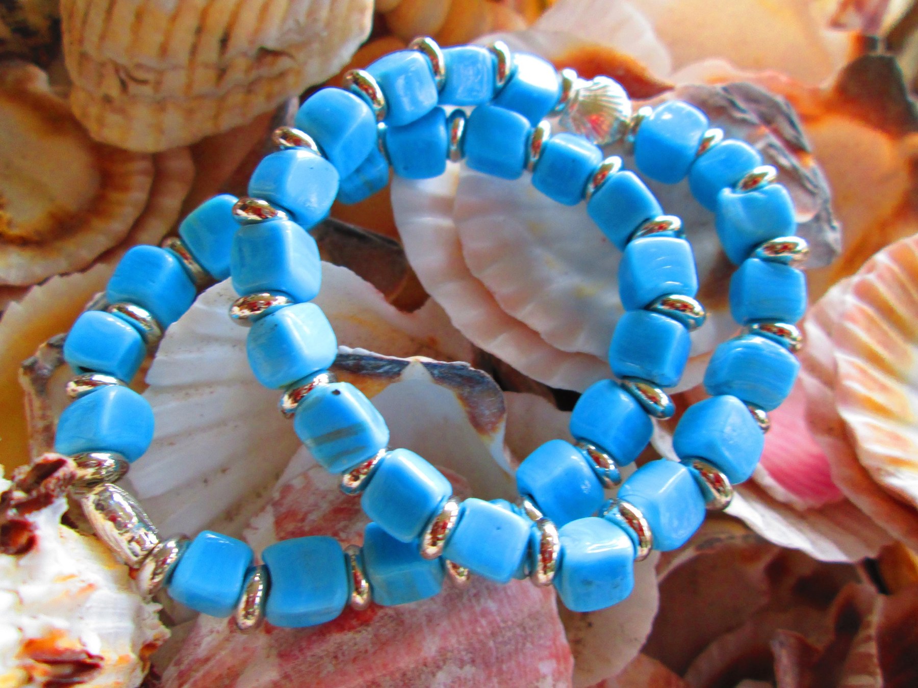 Turkish Artisan Cube Glass Bracelet, Handmade Beaded Stretch Bracelet with Silver Spacers, Buy One Get One Free, detail 4