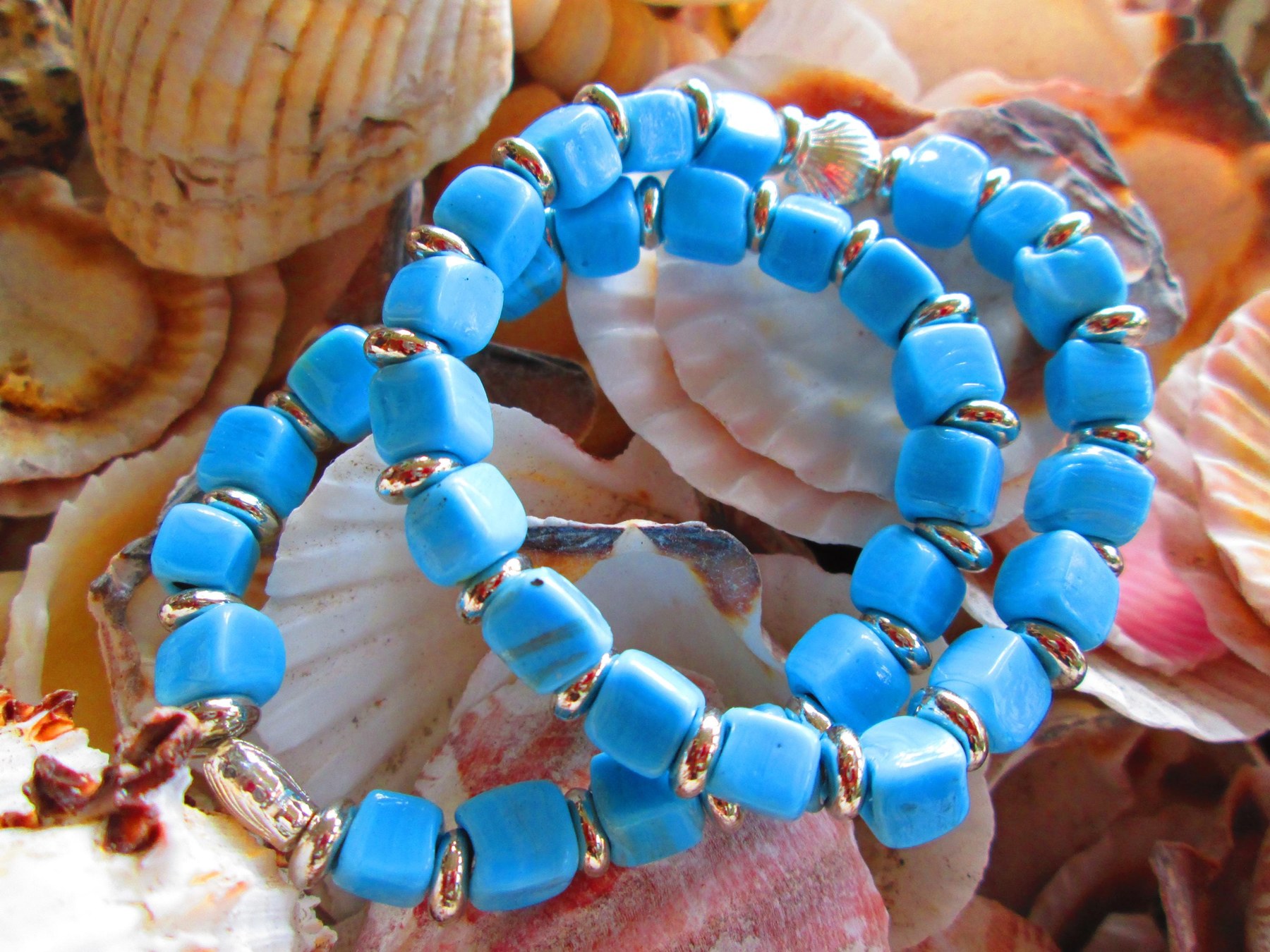 Turkish Artisan Cube Glass Bracelet, Handmade Beaded Stretch Bracelet with Silver Spacers, Buy One Get One Free, detail 5