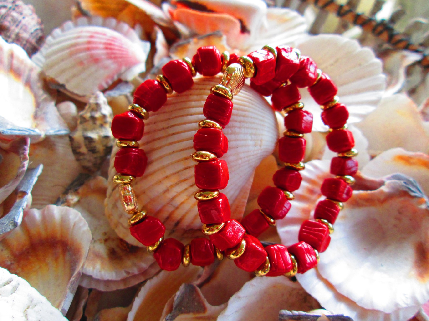 Turkish Artisan Cube Glass Bracelet, Traditional Handmade Red Beaded Stretch Bracelet, Buy One Get One Free
