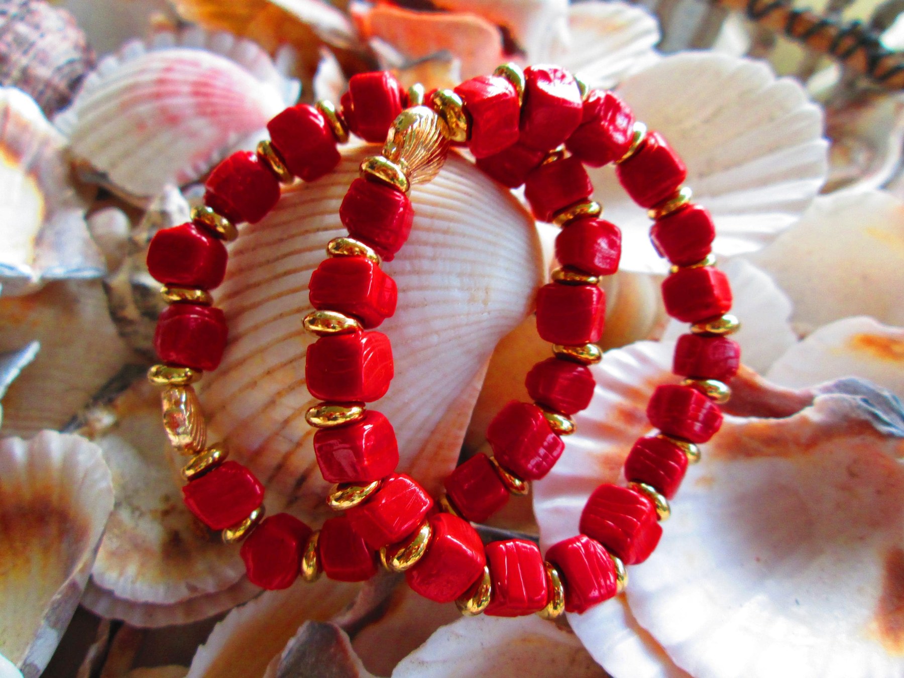 Turkish Artisan Cube Glass Bracelet, Traditional Handmade Red Beaded Stretch Bracelet, Buy One Get One Free, detail 4