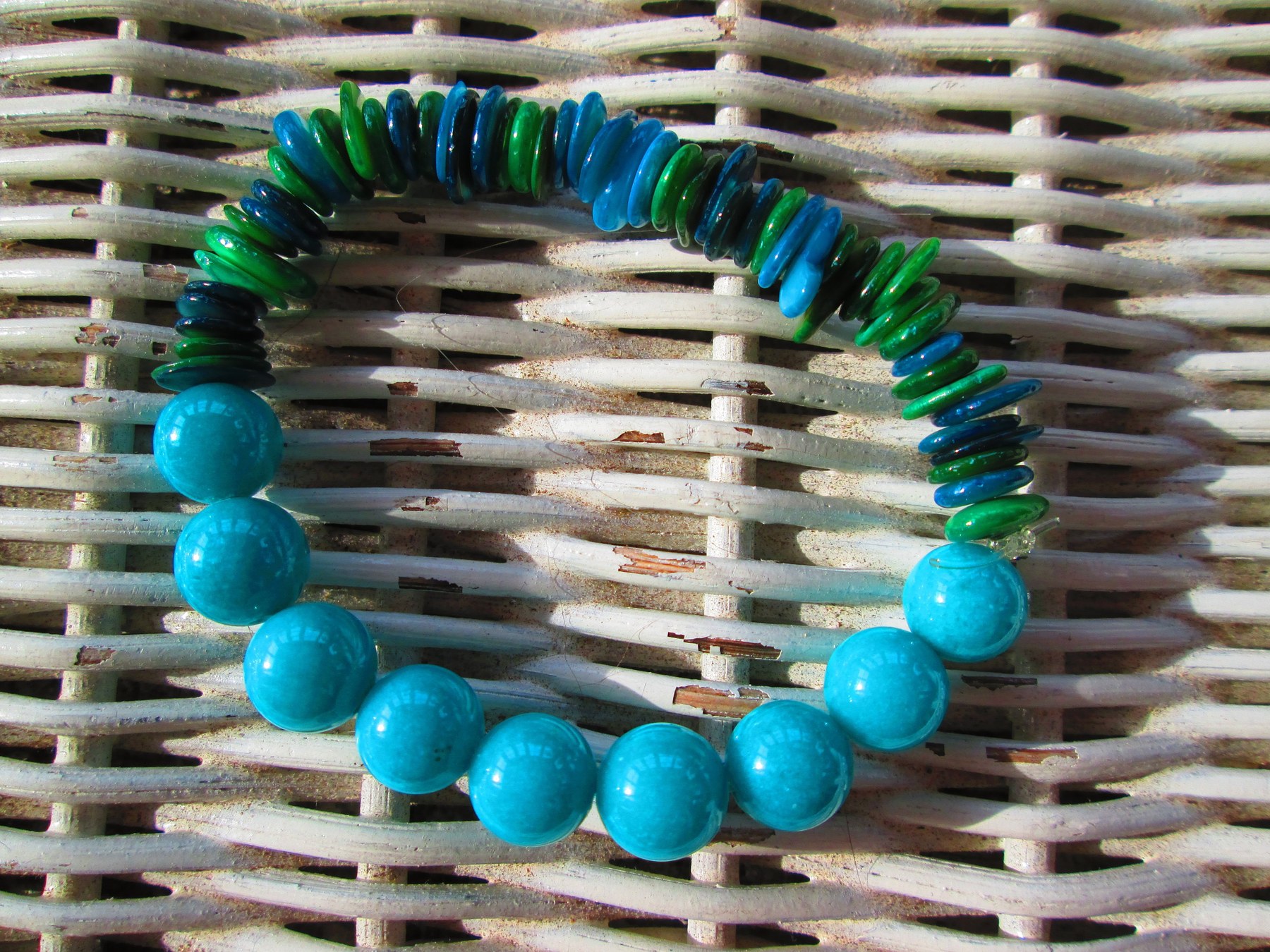 Turquoise Aqua Shell Rondelle Beaded Bracelet, Natural Shell Stretch Bracelet, Handmade Beach Jewelry, Buy One Get One Free