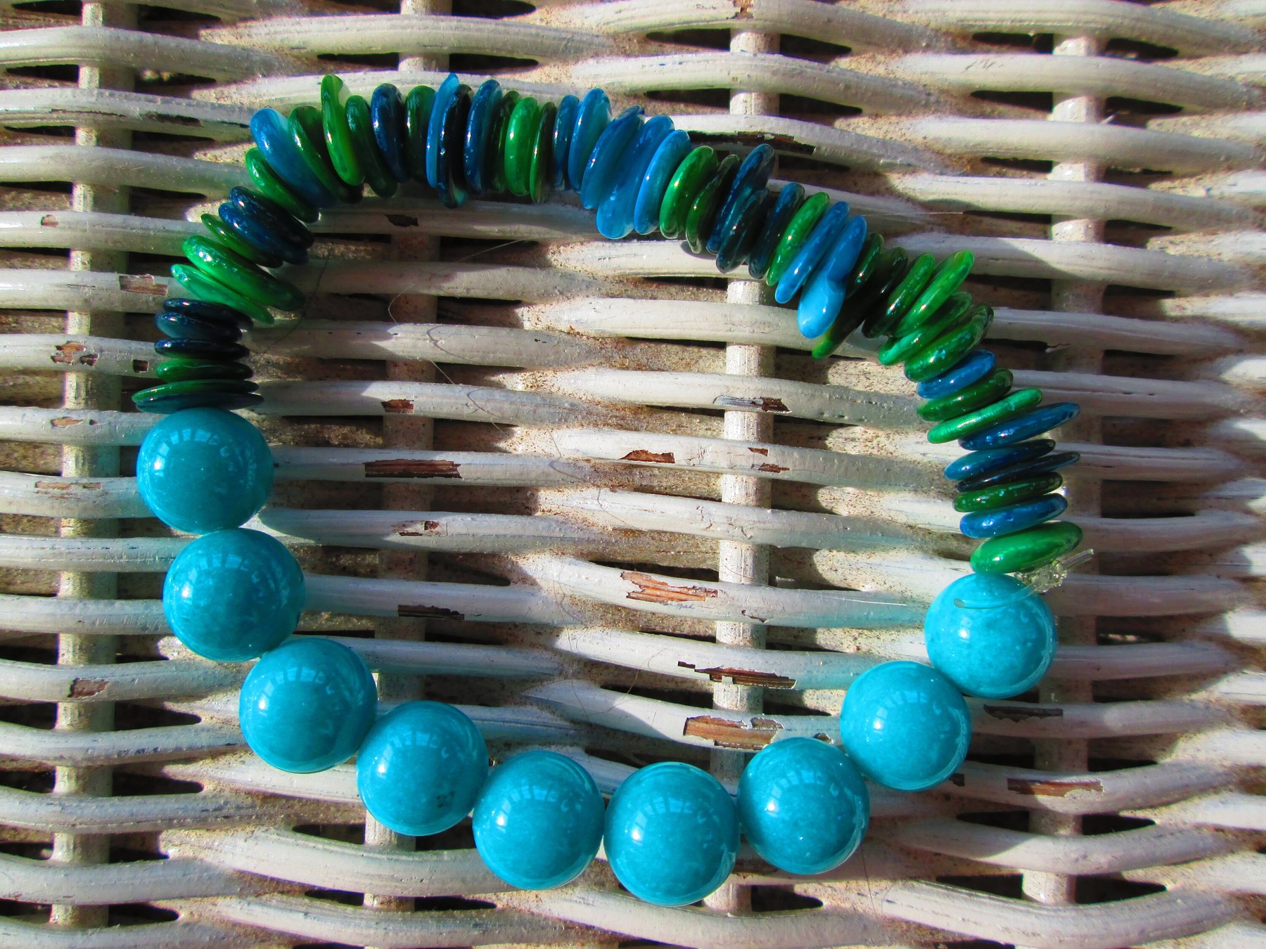 Turquoise Aqua Shell Rondelle Beaded Bracelet, Natural Shell Stretch Bracelet, Handmade Beach Jewelry, Buy One Get One Free, detail 4