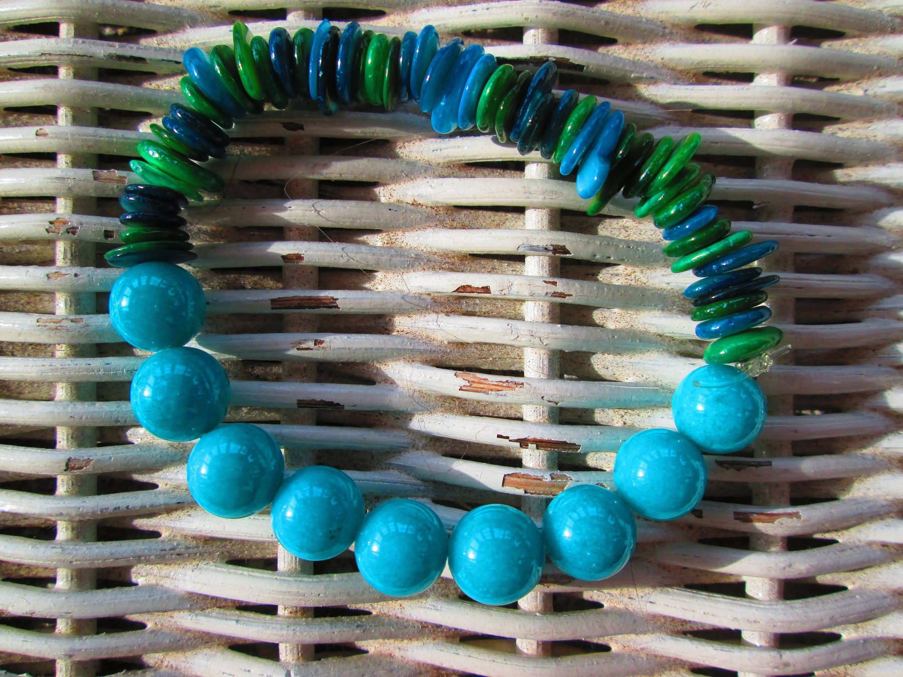 Turquoise Aqua Shell Rondelle Beaded Bracelet, Natural Shell Stretch Bracelet, Handmade Beach Jewelry, Buy One Get One Free, detail 5