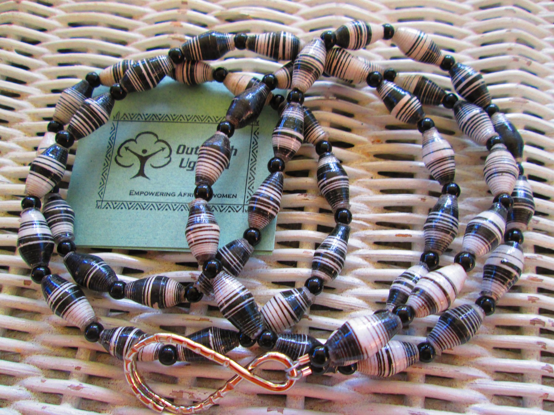 Lanyard, Outreach Uganda Black and White Stripe paper beaded lanyard, 965, detail 2