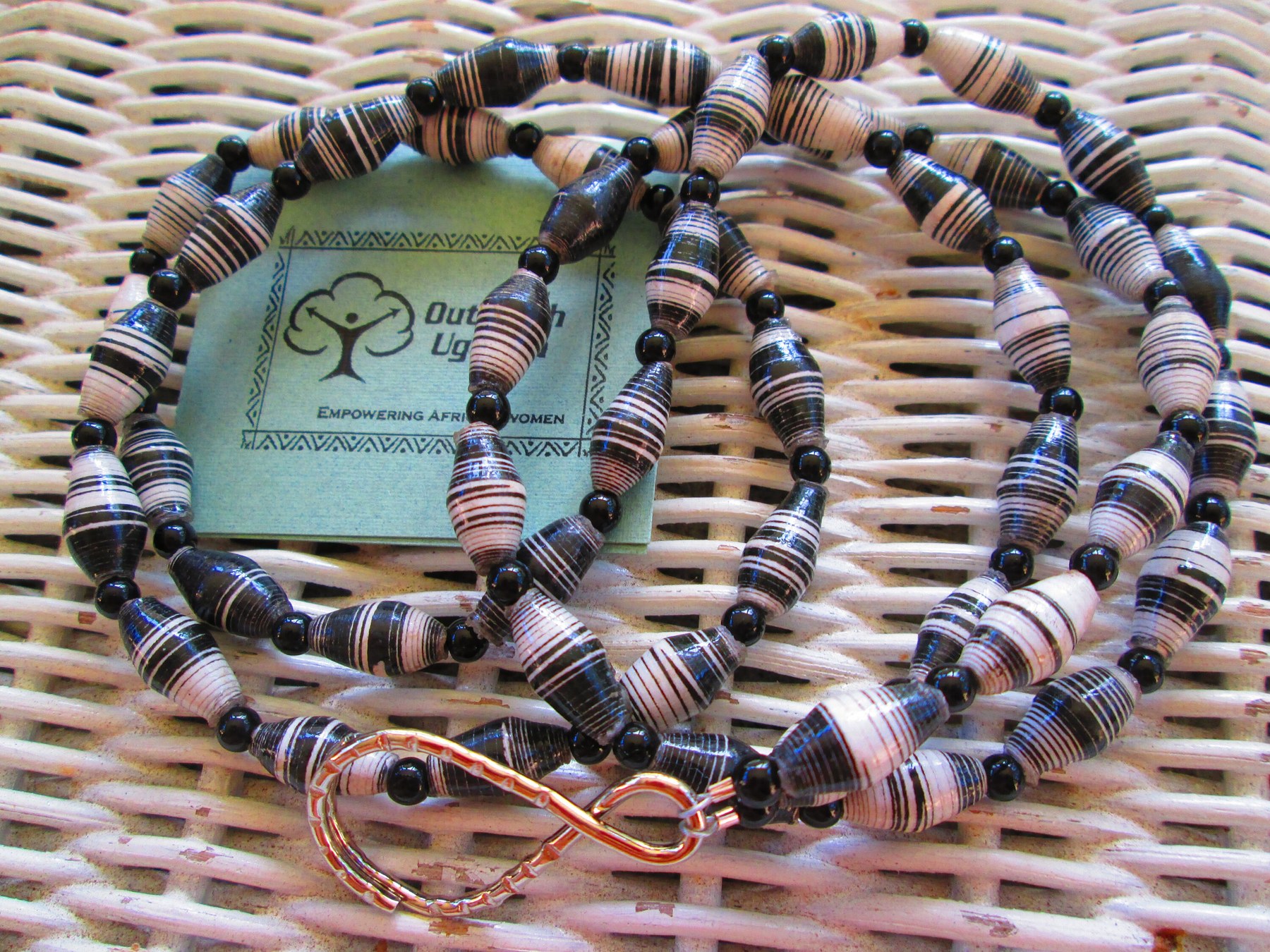 Lanyard, Outreach Uganda Black and White Stripe paper beaded lanyard, 965, detail 3