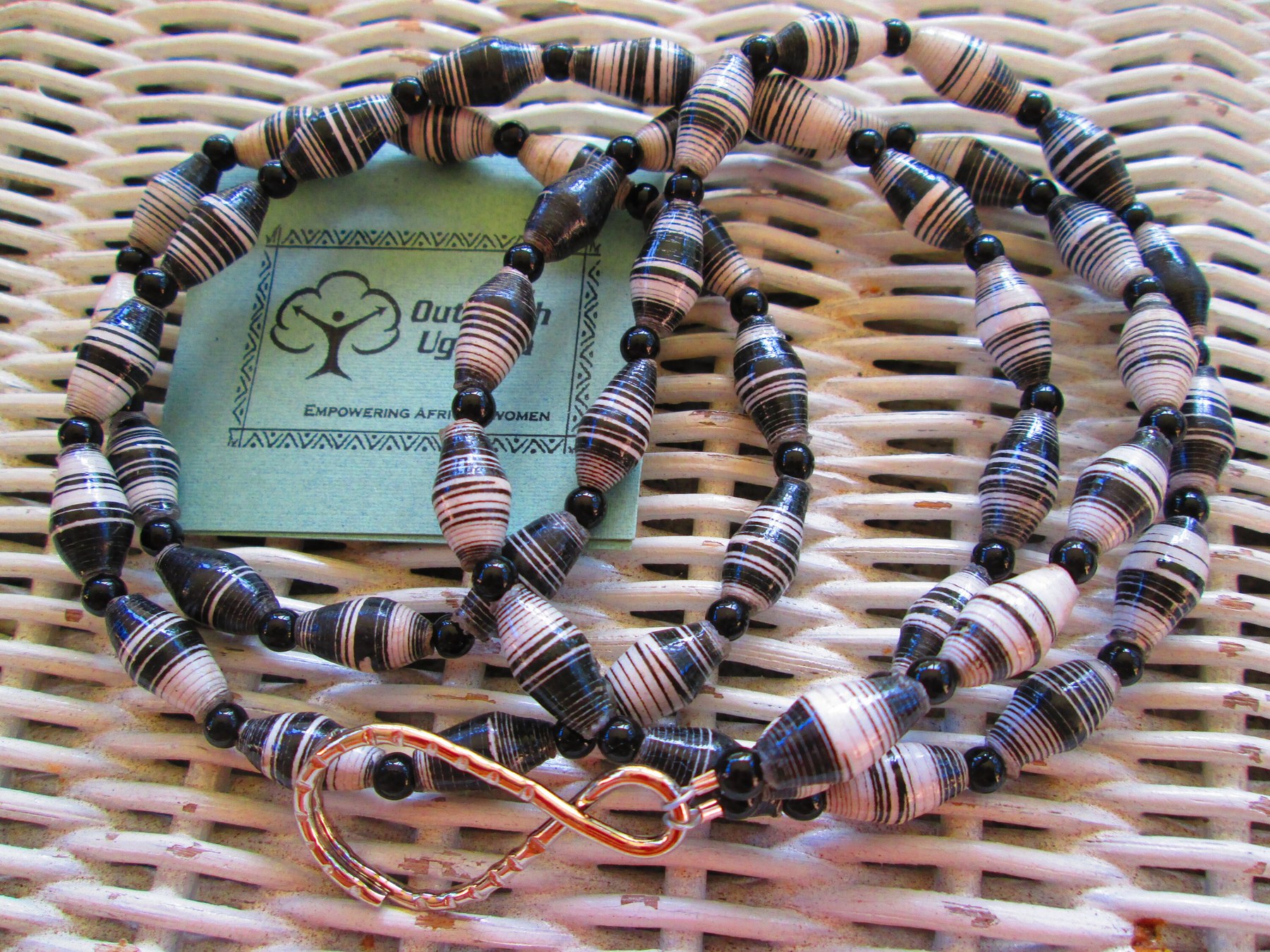 Lanyard, Outreach Uganda Black and White Stripe paper beaded lanyard, 965, detail 4