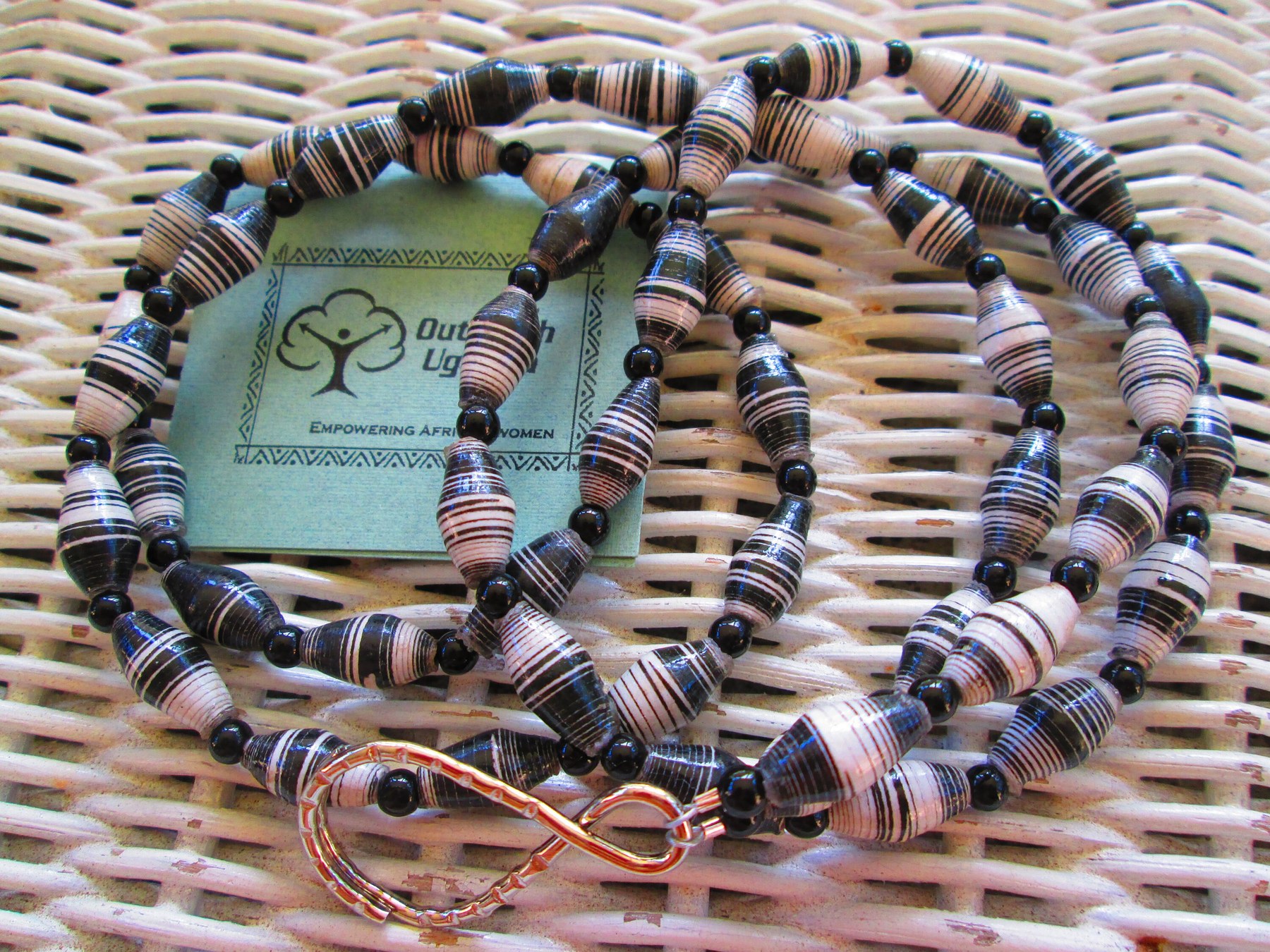 Lanyard, Outreach Uganda Black and White Stripe paper beaded lanyard, 965, detail 5