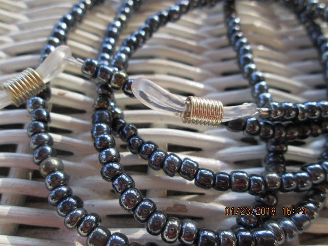 Handmade Beaded Eyeglass Chain: Black Glass Beads, 1006, detail 2