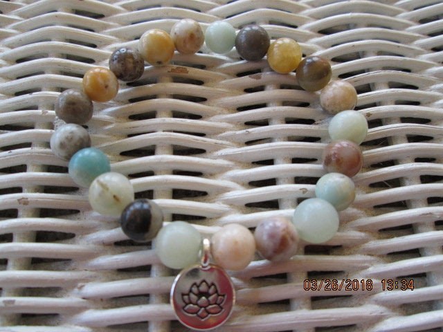 Bracelet, Amazonite 8mm Bead Bracelet with lotus charm, 390