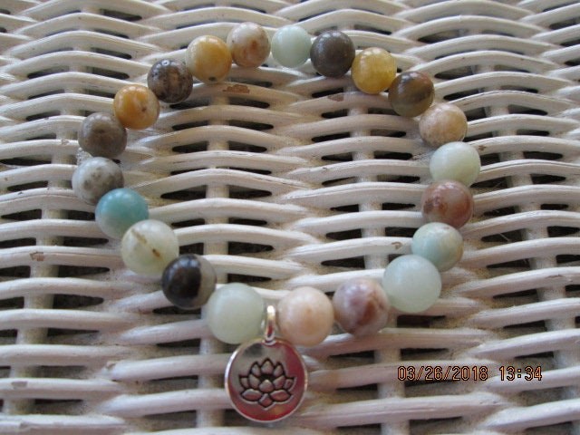 Bracelet, Amazonite 8mm Bead Bracelet with lotus charm, 390, detail 2