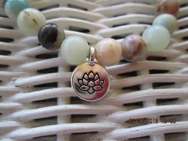 Bracelet, Amazonite 8mm Bead Bracelet with lotus charm, 390, detail 3