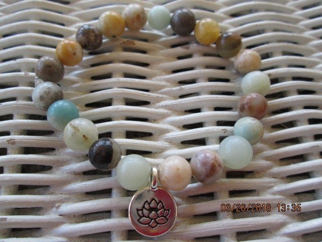 Bracelet, Amazonite 8mm Bead Bracelet with lotus charm, 390, detail 5