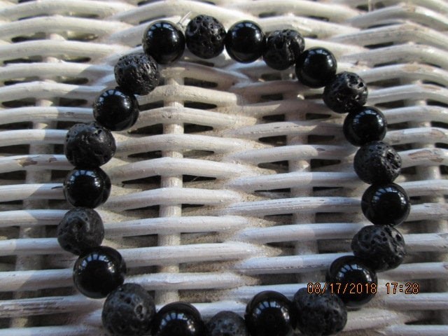 Handmade Lava Stone & Black Jasper Bracelet, 8mm Beaded Design, 1379
