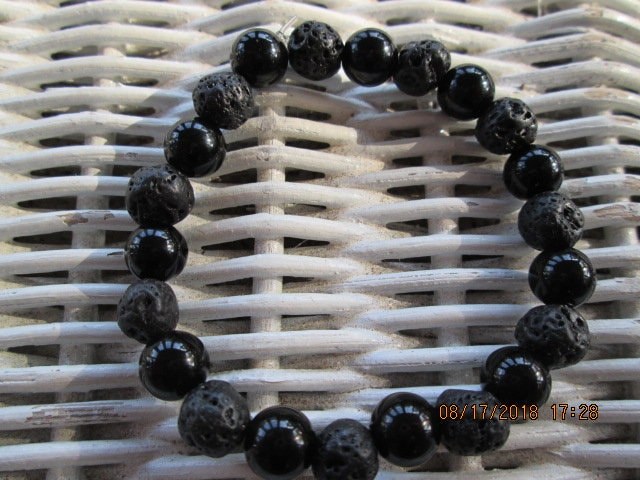 Handmade Lava Stone & Black Jasper Bracelet, 8mm Beaded Design, 1379, detail 2