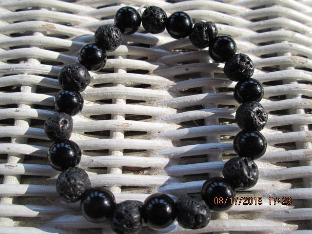 Handmade Lava Stone & Black Jasper Bracelet, 8mm Beaded Design, 1379, detail 5
